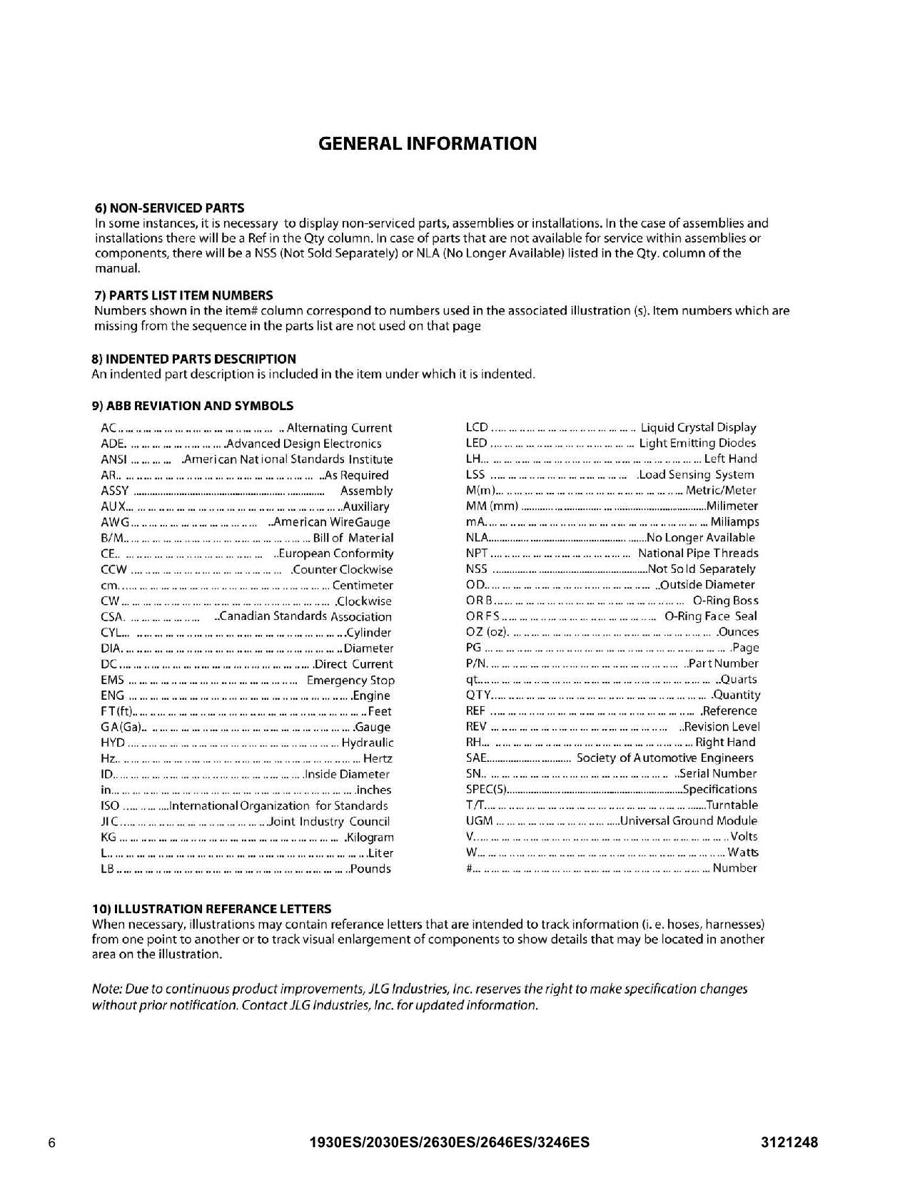 JLG 1930ES 2030ES 2630ES 2646ES 3246ES Scissor Lift Parts Catalog Manual 3121248