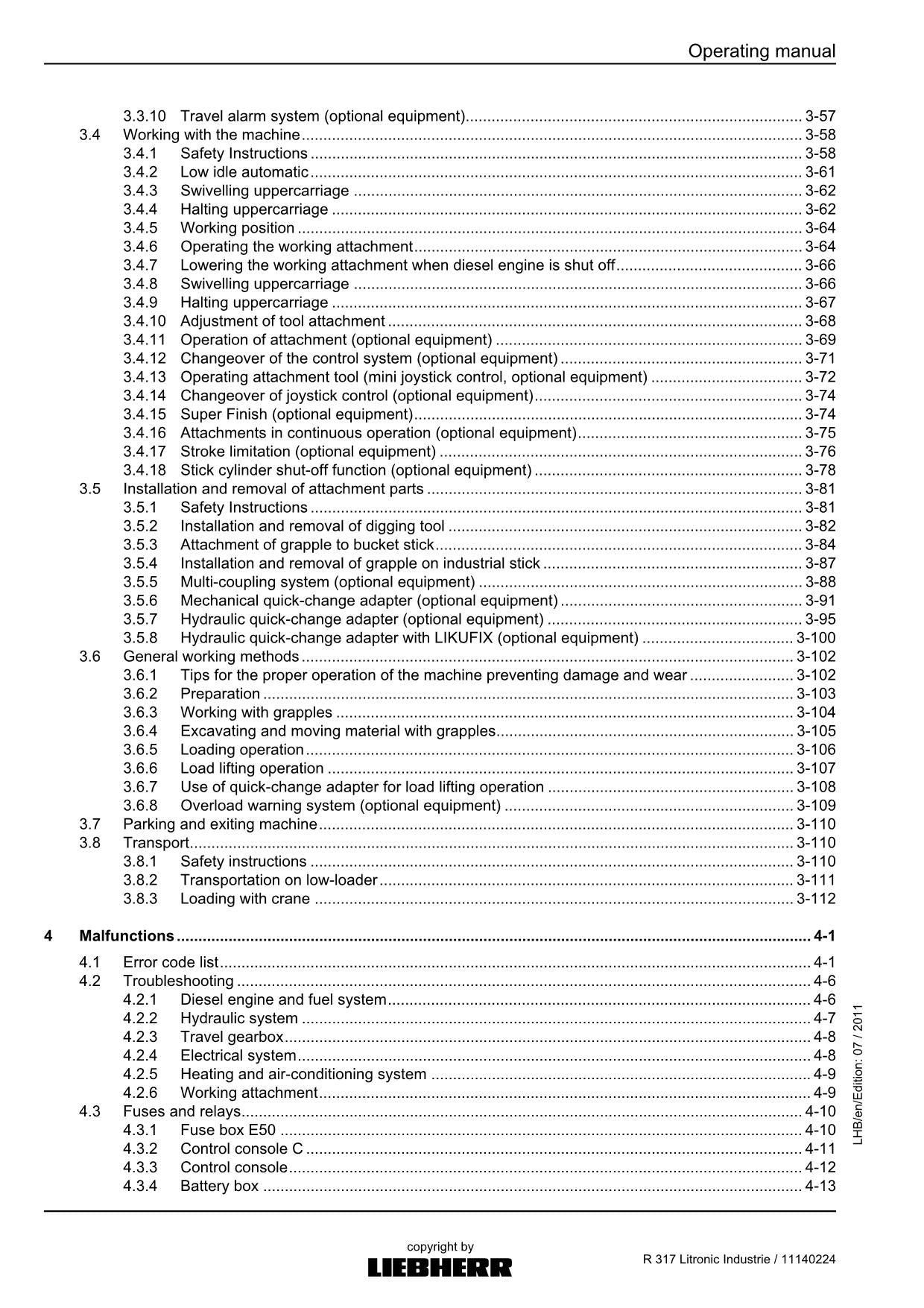 Liebherr R317 Litronic Industrie Excavator Operators manual