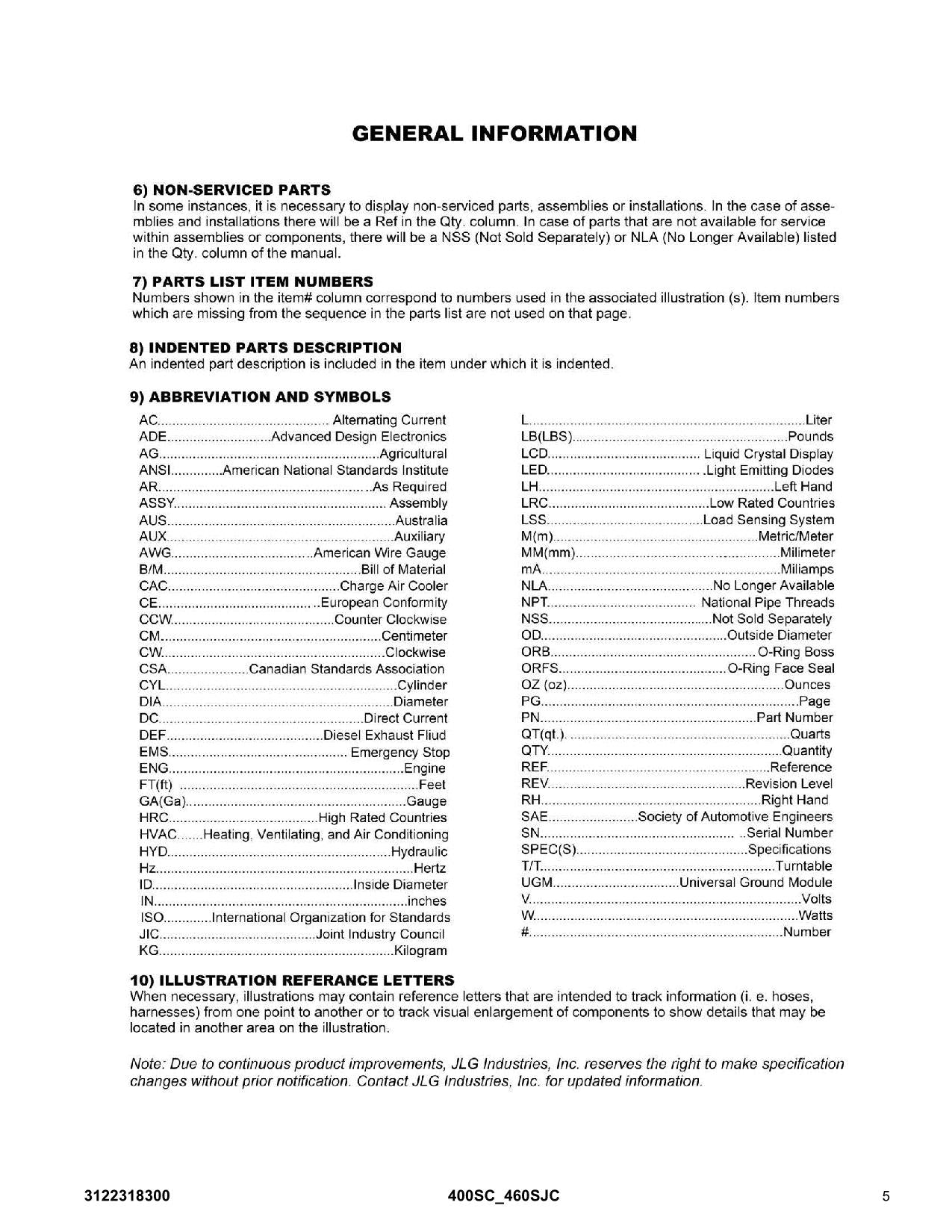 JLG 400SC 460SJC Boom Lift Parts Catalog Manual