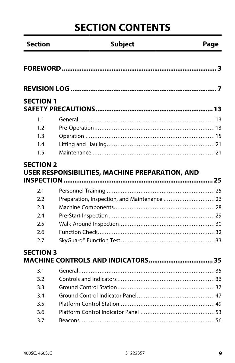 JLG 400SC 460SJC Boom Lift Maintenance Operation Operators Manual 31222357