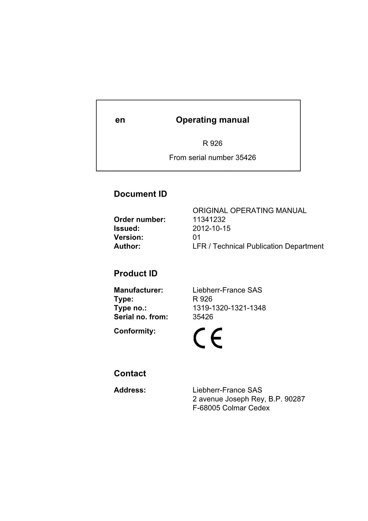 Liebherr R926 Excavator Operators manual