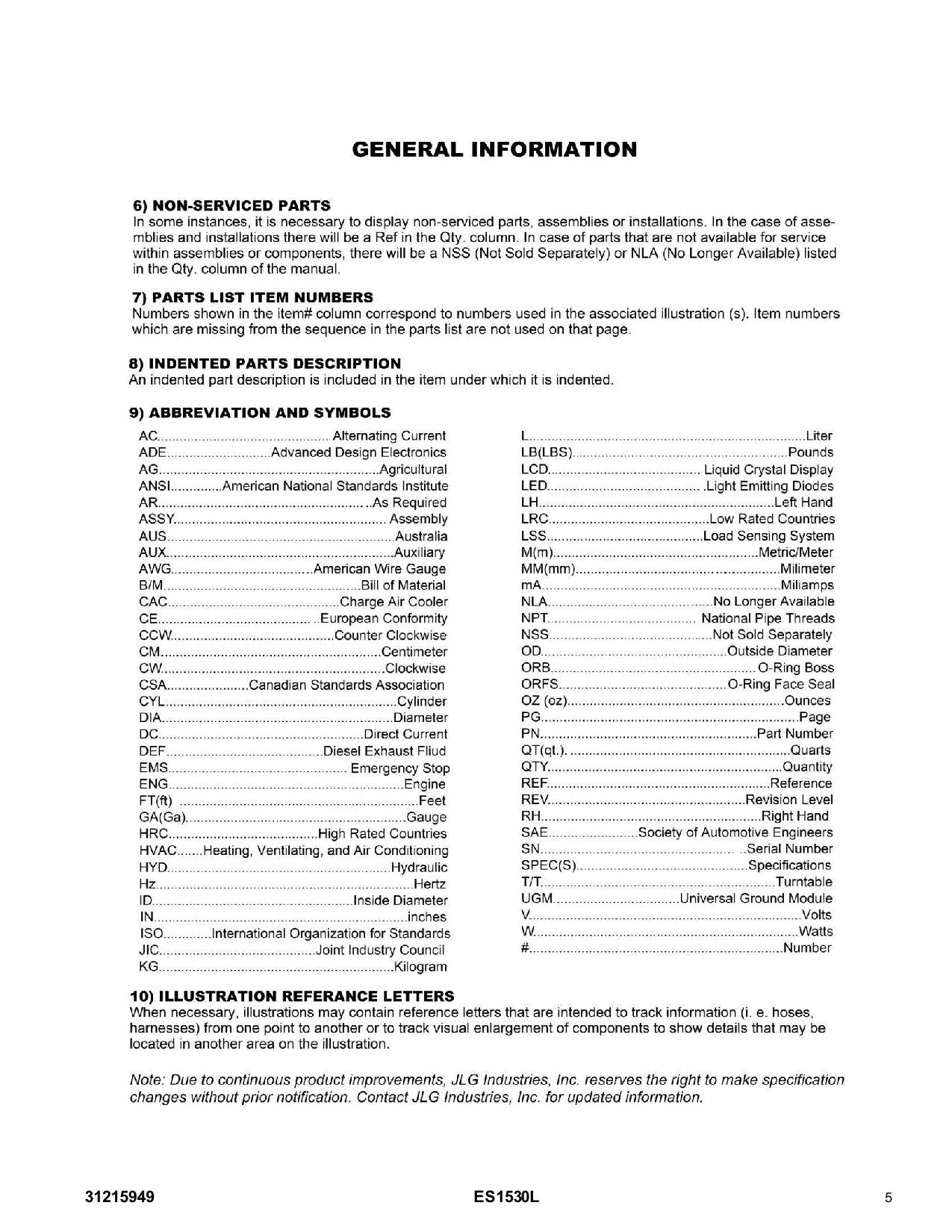 JLG ES1530L  Scissor Lift Parts Catalog Manual 31215949