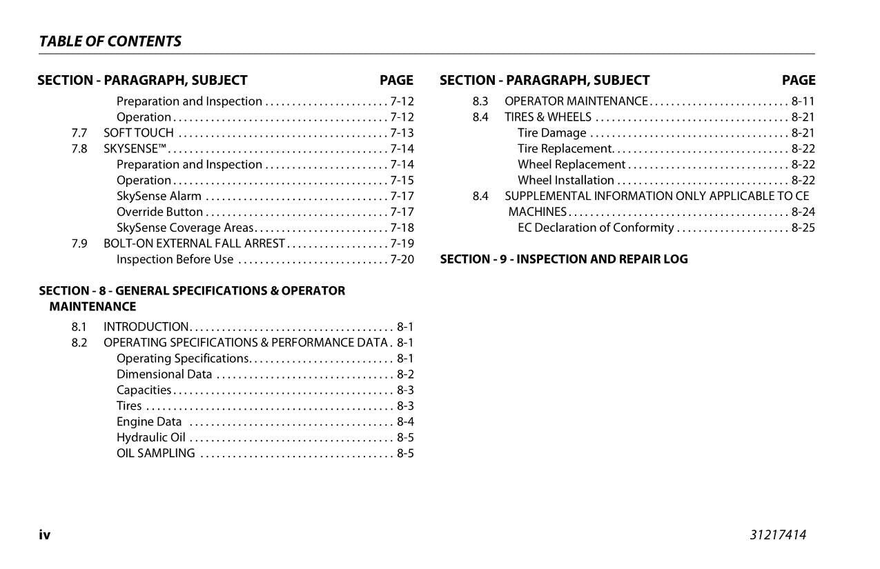 JLG 1500SJ Boom Lift Maintenance Operation Operators Manual 31217414