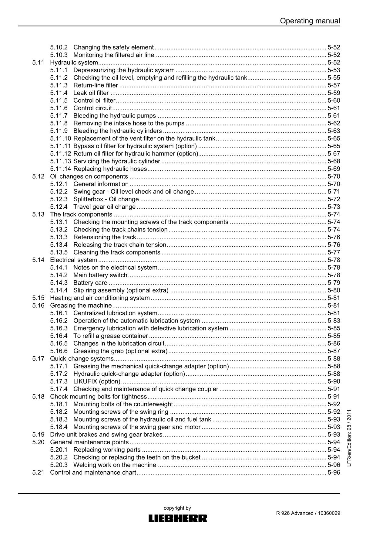 Liebherr R926 Advanced Excavator Operators manual serial 31061