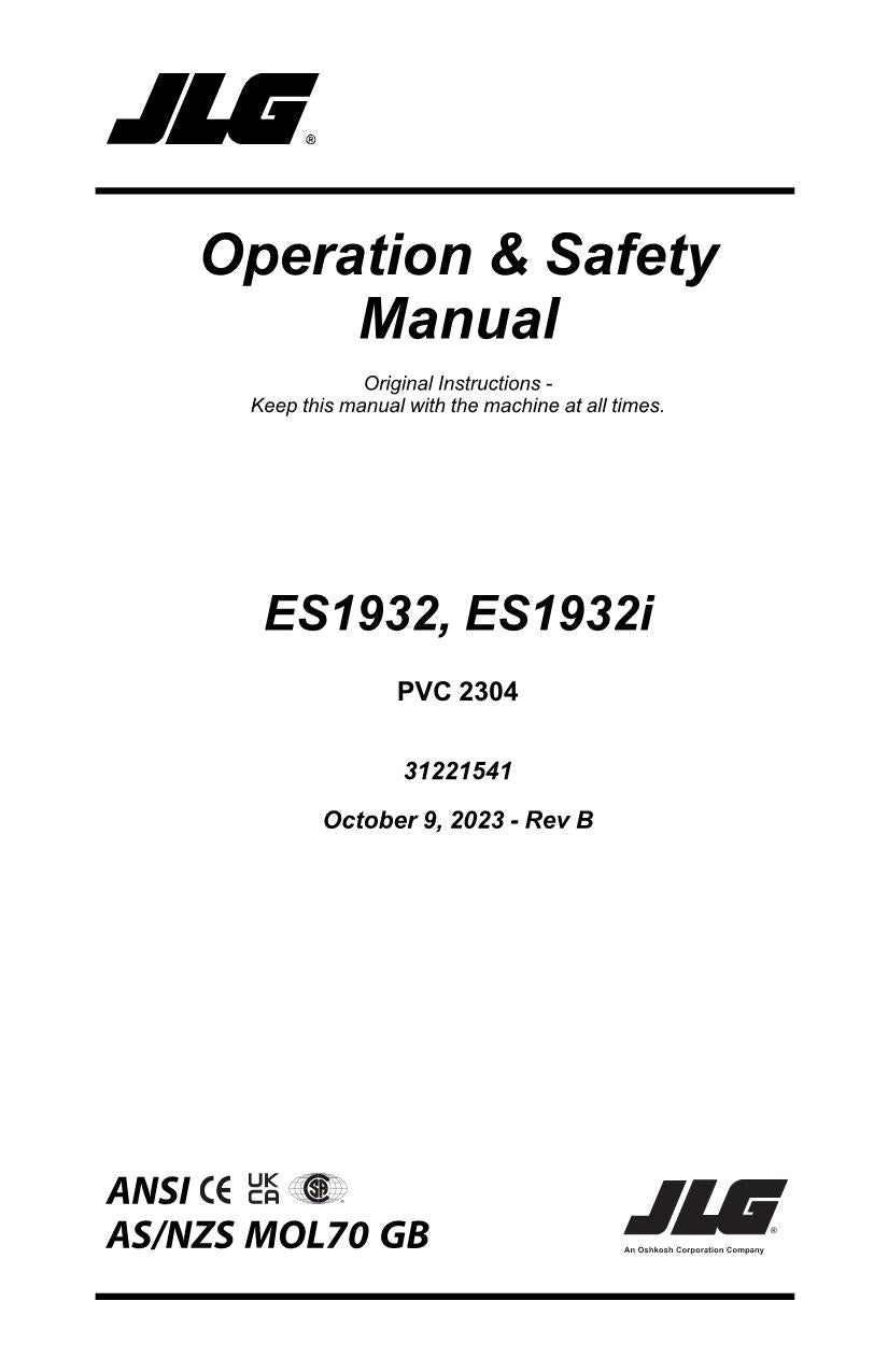 JLG ES1932 ES1932i Scissor Lift Maintenance Operation Operators Manual 31221541