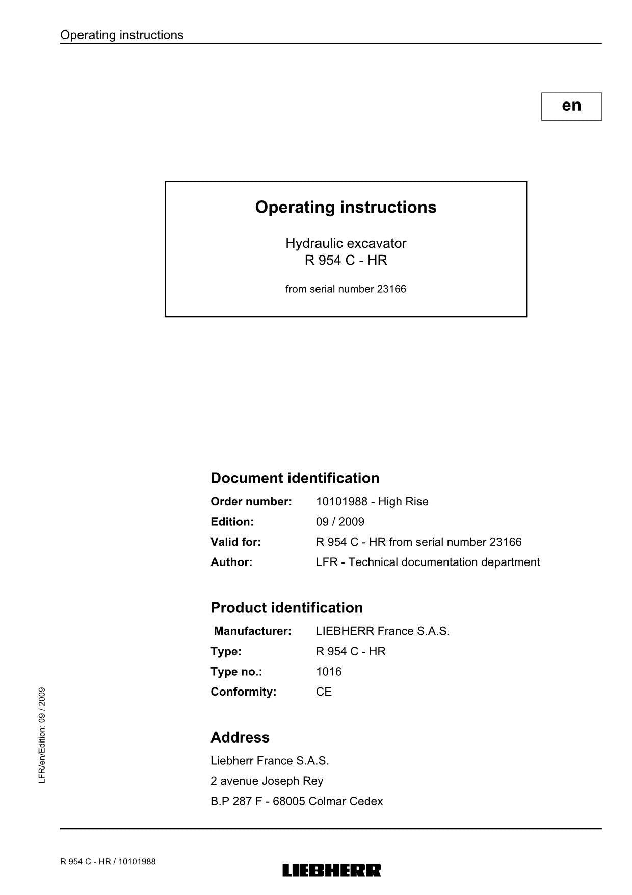 Liebherr R954 C - HR Excavator Operators manual