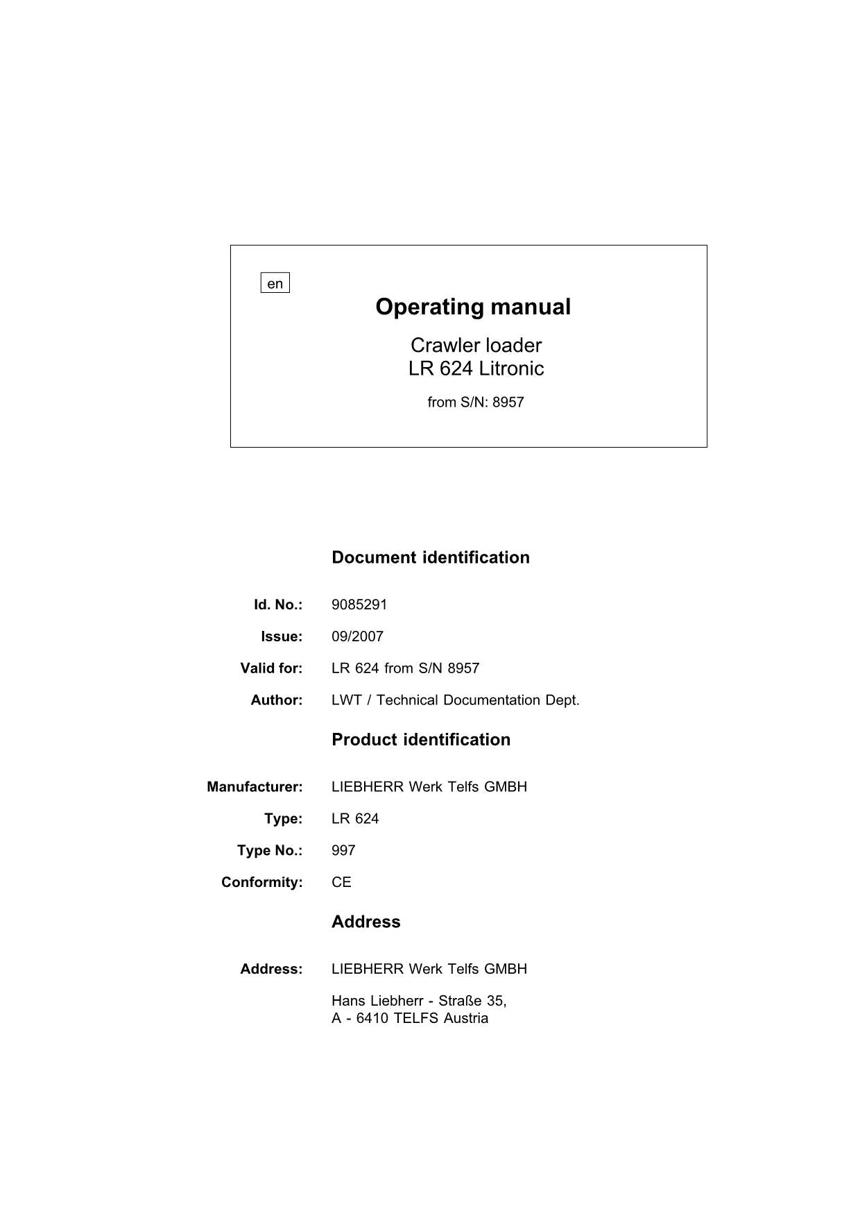 Liebherr LR624 Litronic CRAWLER LOADER Operators manual 9085291 serial 8957