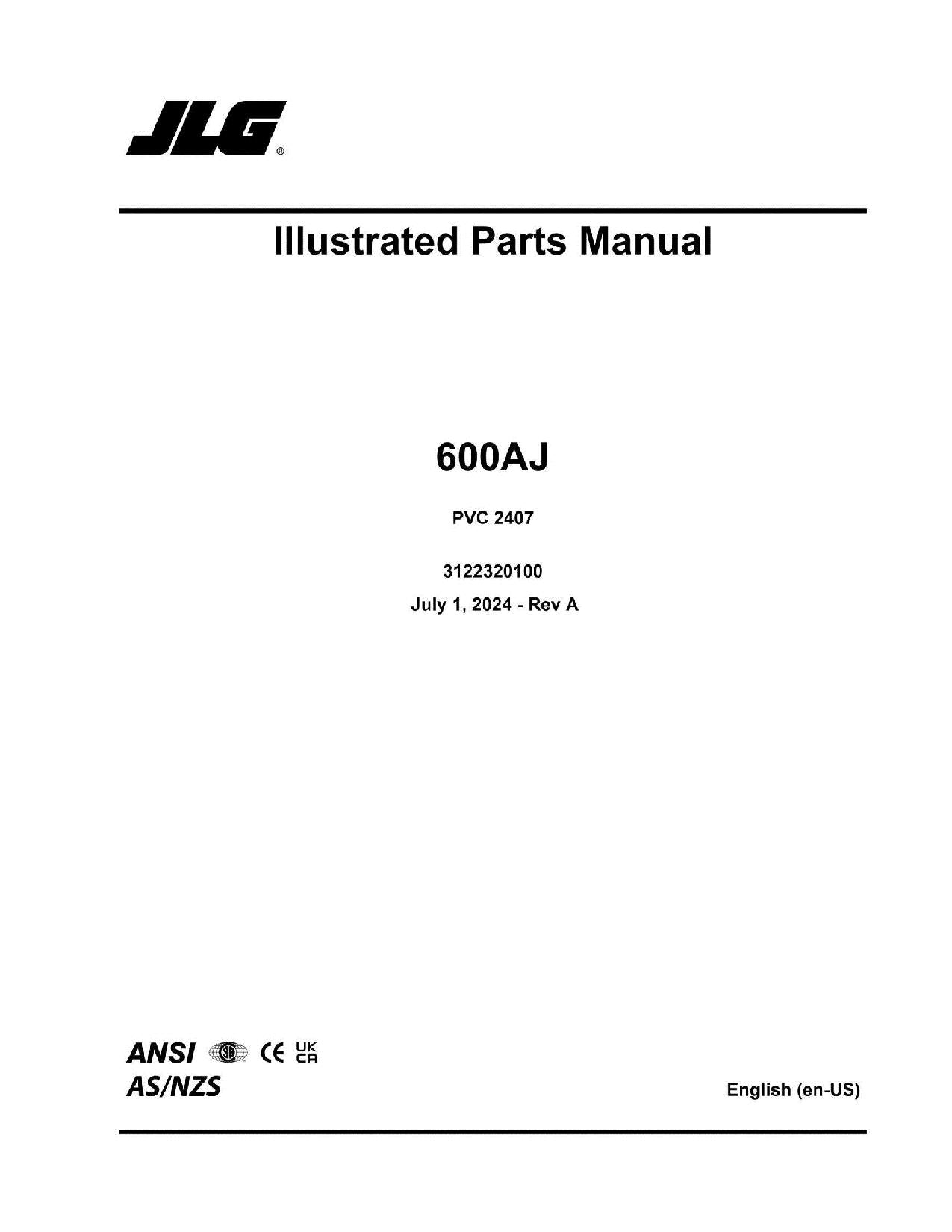 JLG 600AJ Boom Lift Parts Catalog Manual