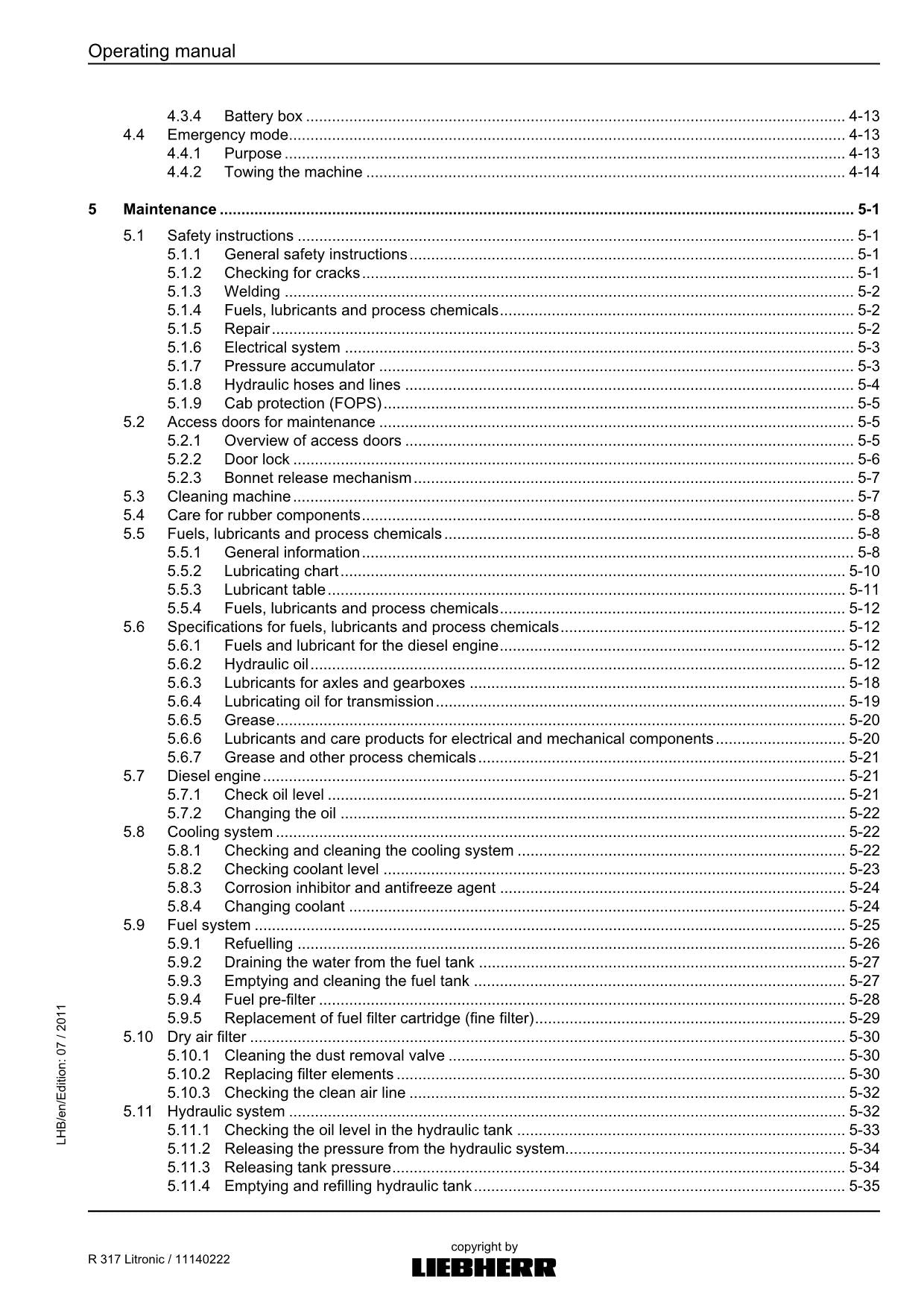 Liebherr R317 Litronic Excavator Operators manual serial 57182