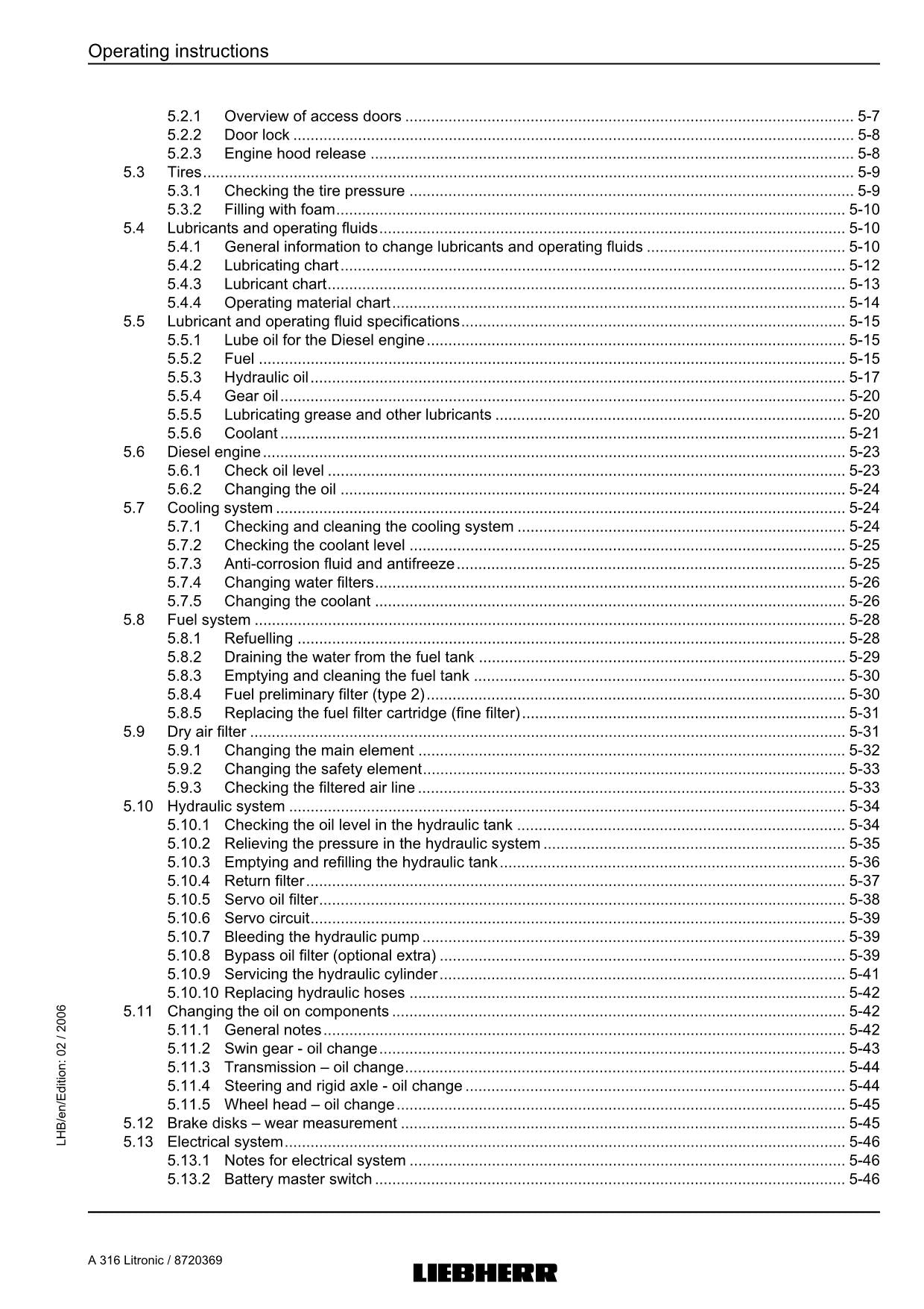 Liebherr A316 Litronic Excavator  Operators manual