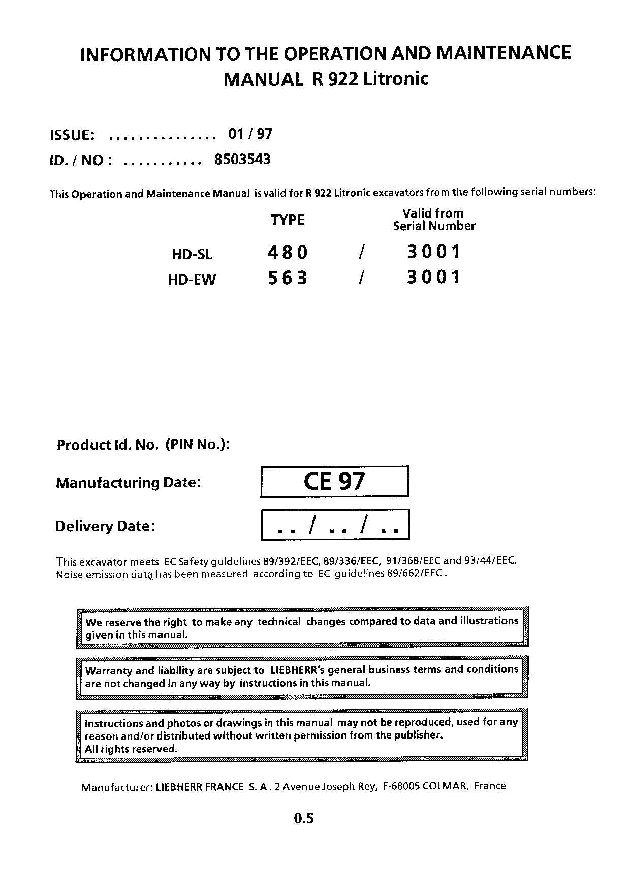 Liebherr R922 Litronic Excavator Operators manual serial 3001