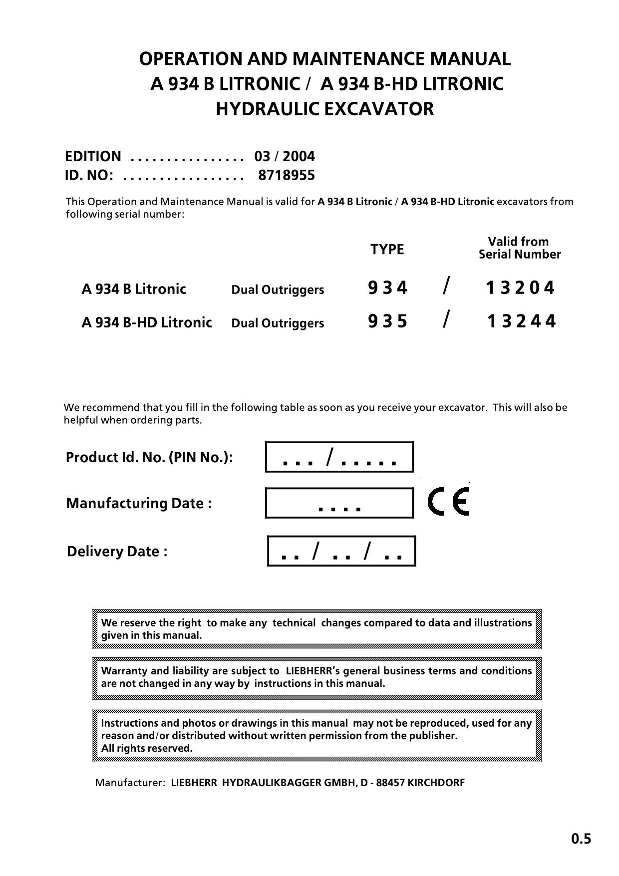 Liebherr A934 B LITRONIC A934 B-HD LITRONIC Excavator Operators manual