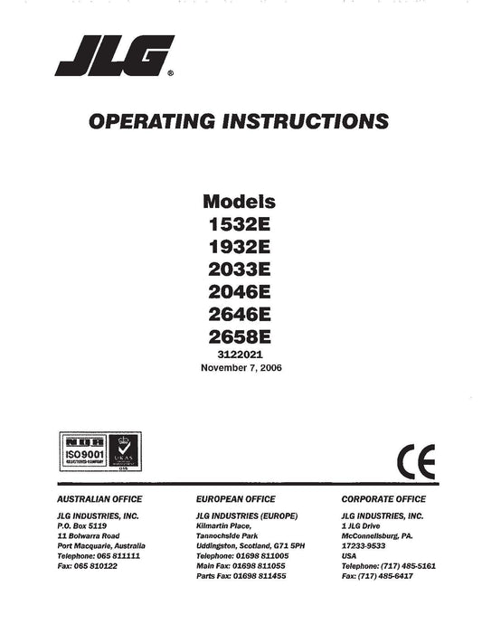 JLG 1532E 1932E 2033E 2046E 2646E 2658E Scissor Lift Operators Manual