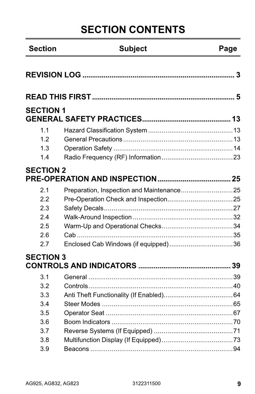 JLG AG823 AG832 AG925 Telehandler Maintenance Operators Manual 3122311500