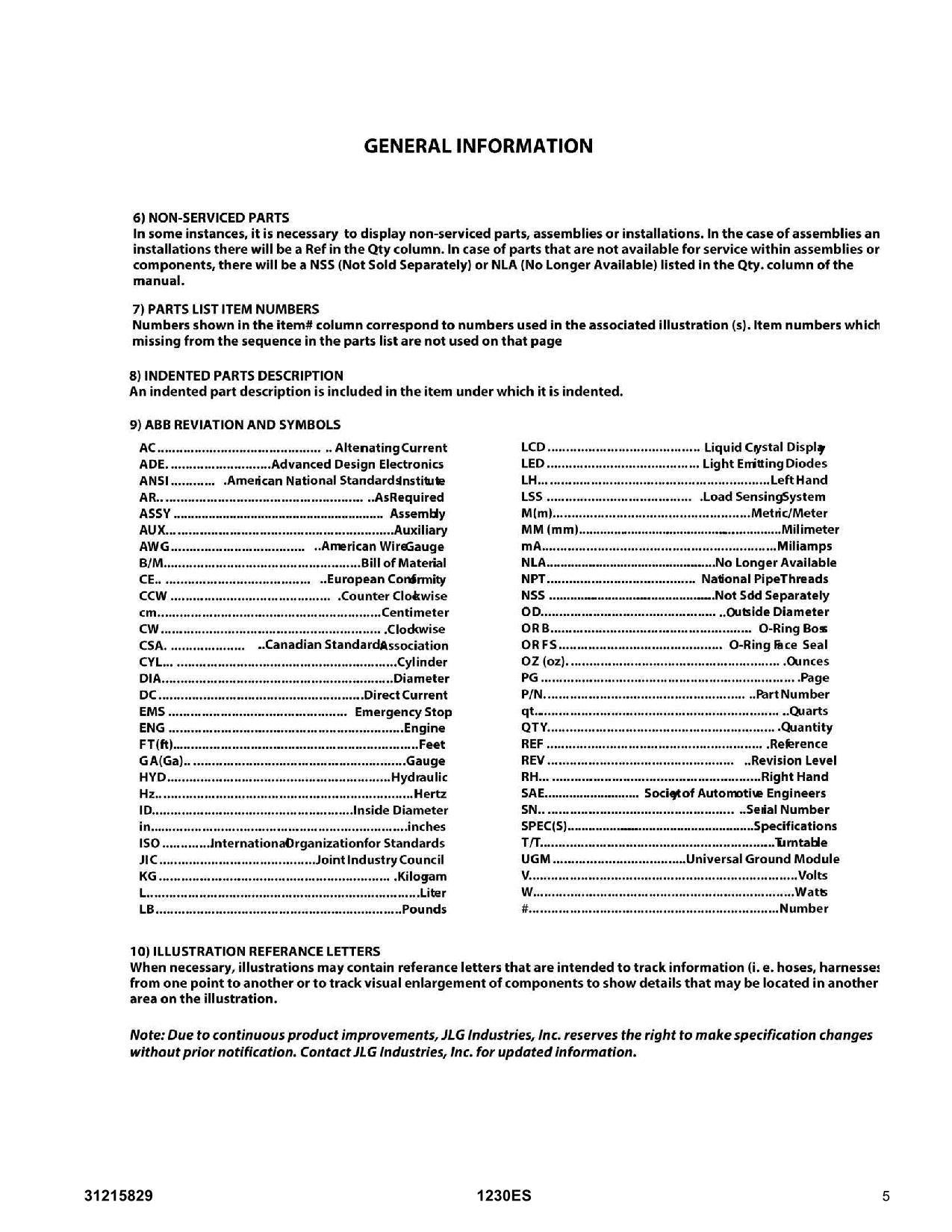 JLG  1230ES  Vertical Mast Parts Catalog Manual