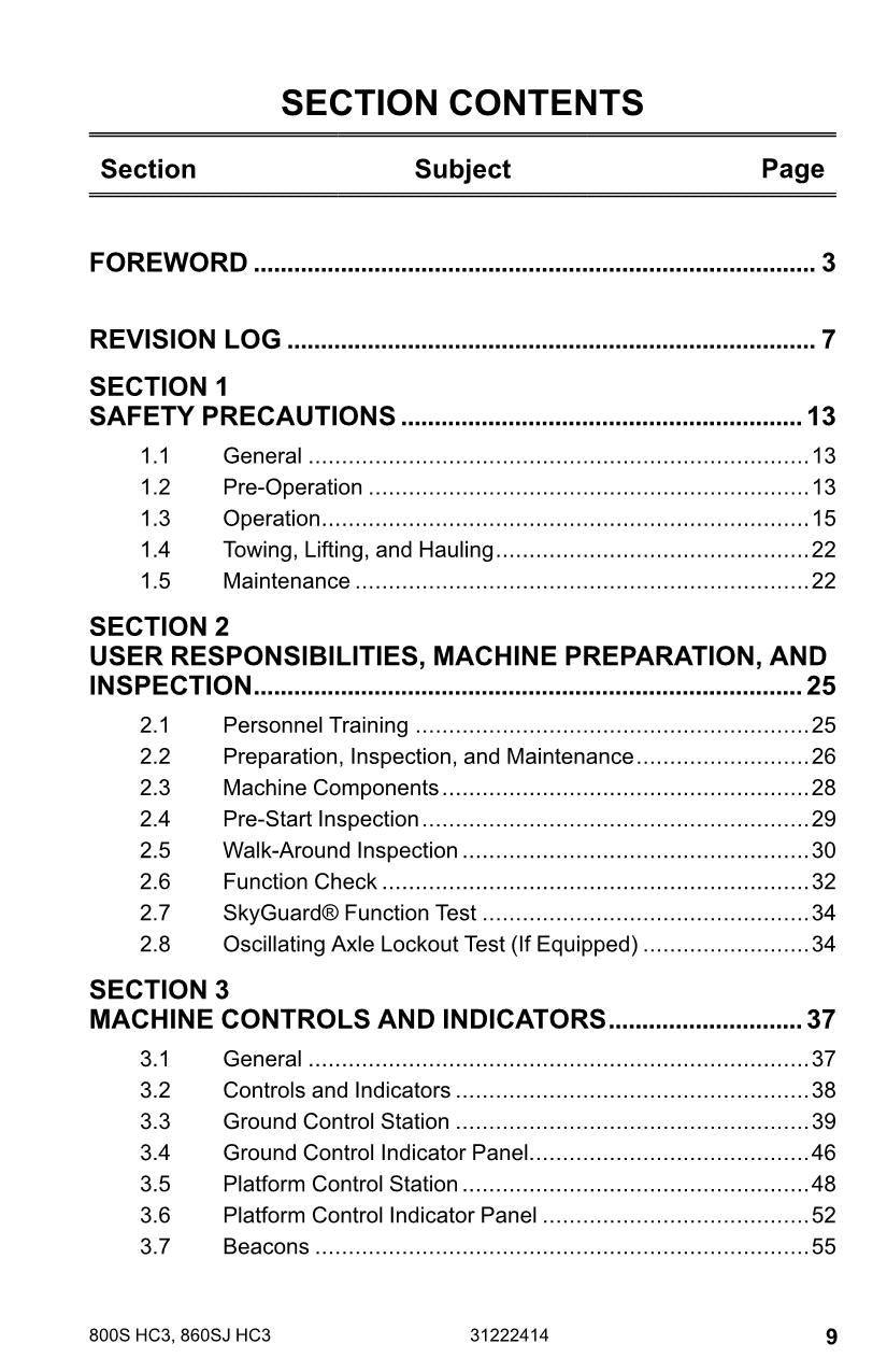 JLG 800S HC3 860SJ HC3 Boom Lift Maintenance Operation Operators Manual 31222414