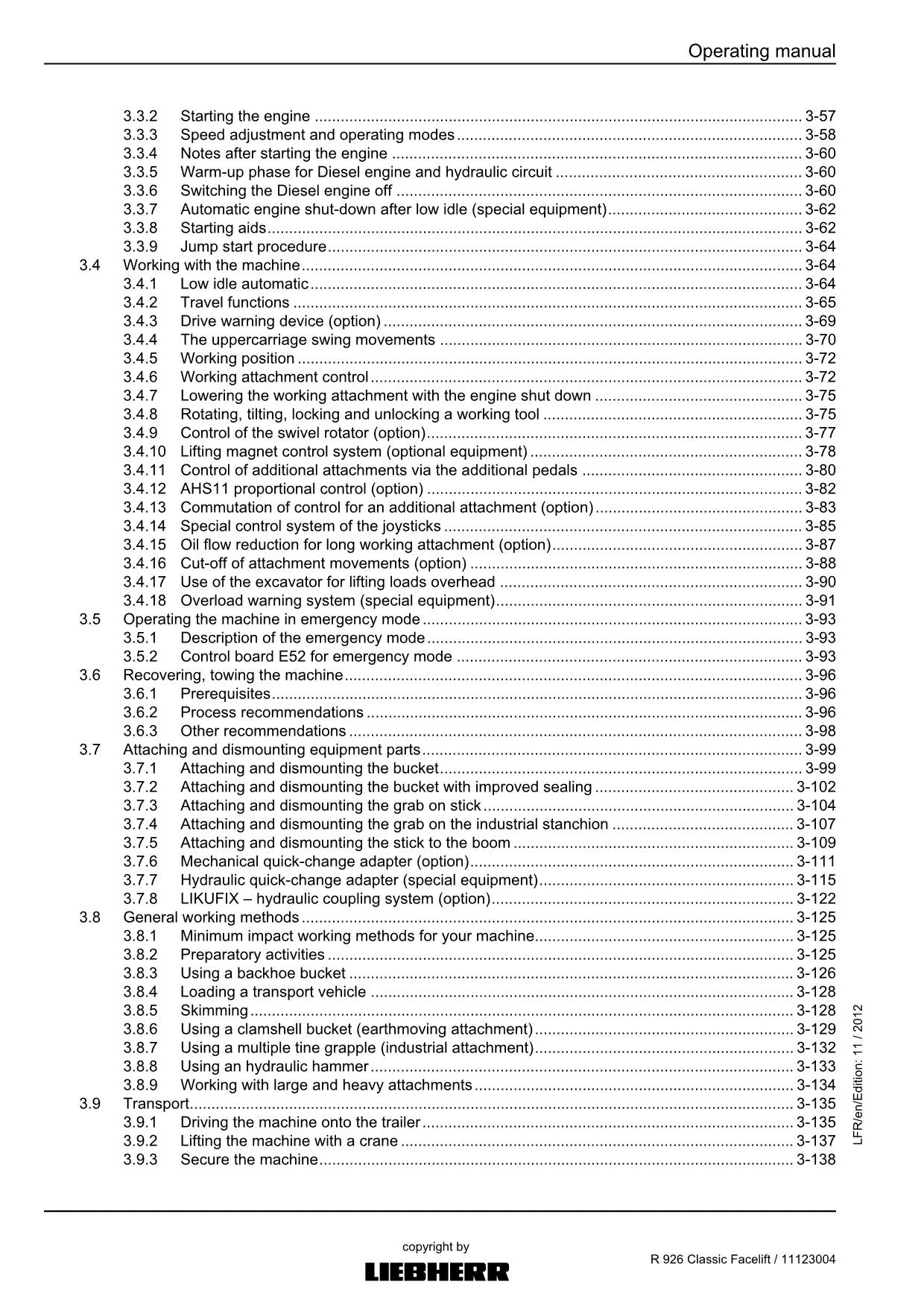 Liebherr R926 Classic Facelift Excavator Operators manual