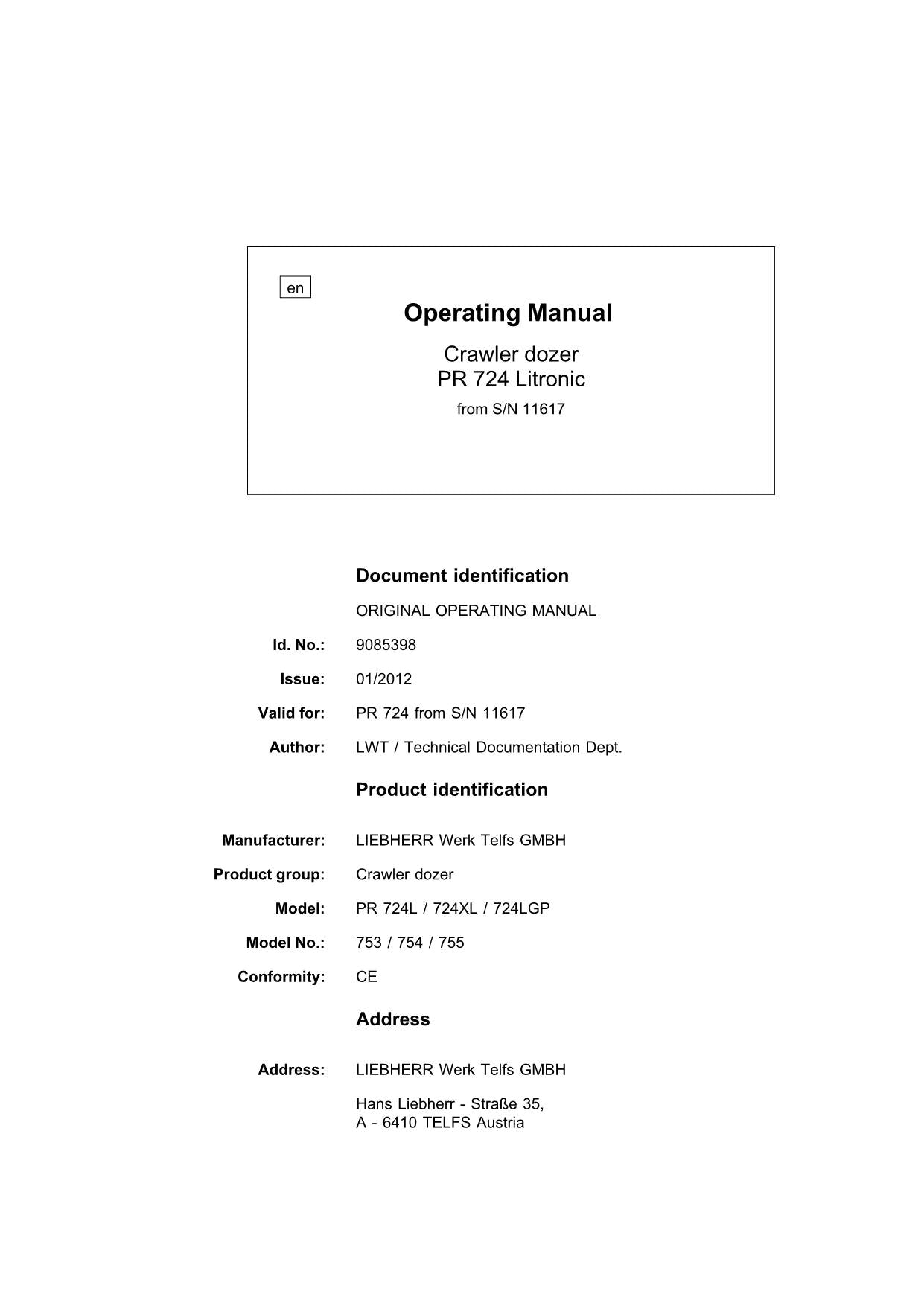 Liebherr PR724 Litronic Dozer Operators manual 9085398 serial 11617