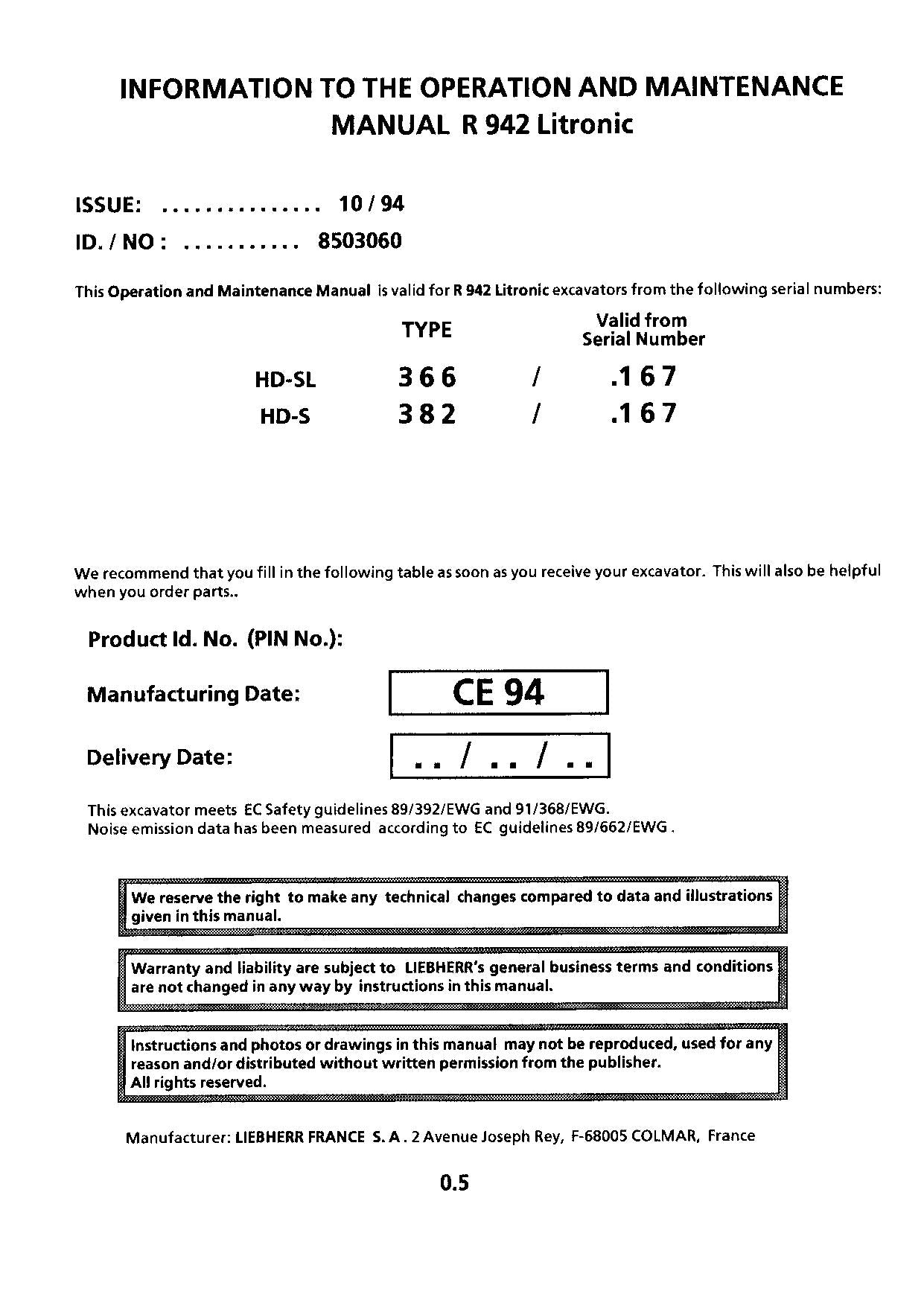 Liebherr R942 Litronic Excavator Operators manual serial .167