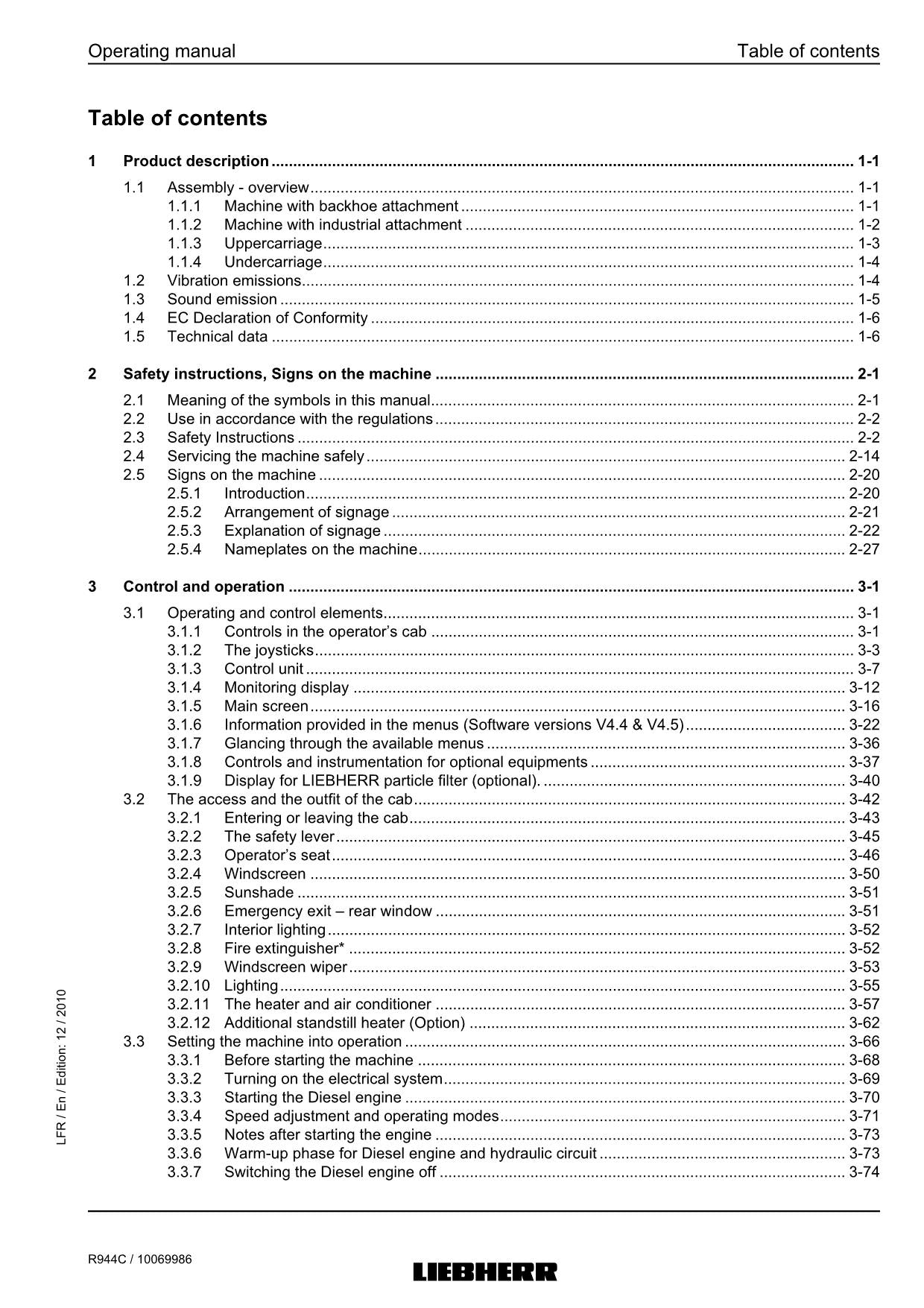 Liebherr R944 C Excavator Operators manual serial 27700