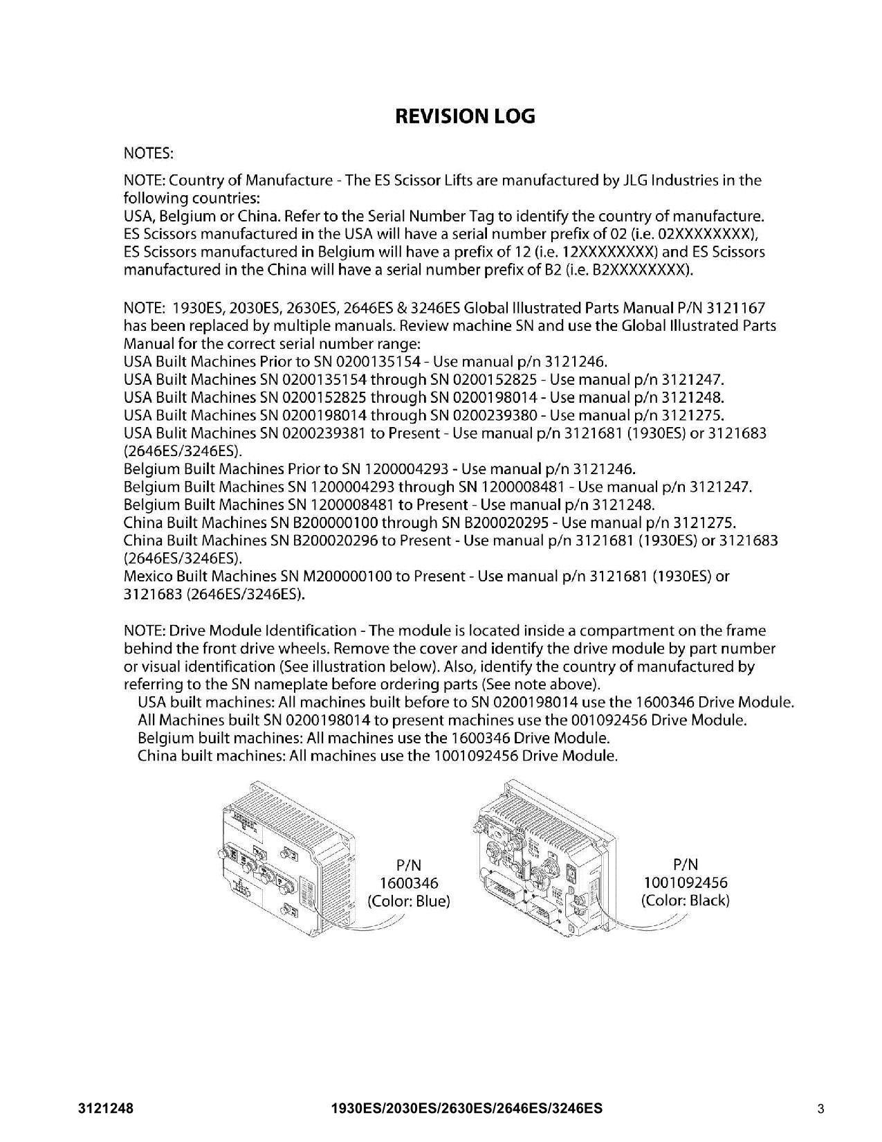 JLG 1930ES 2030ES 2630ES 2646ES 3246ES Scissor Lift Parts Catalog Manual 3121248