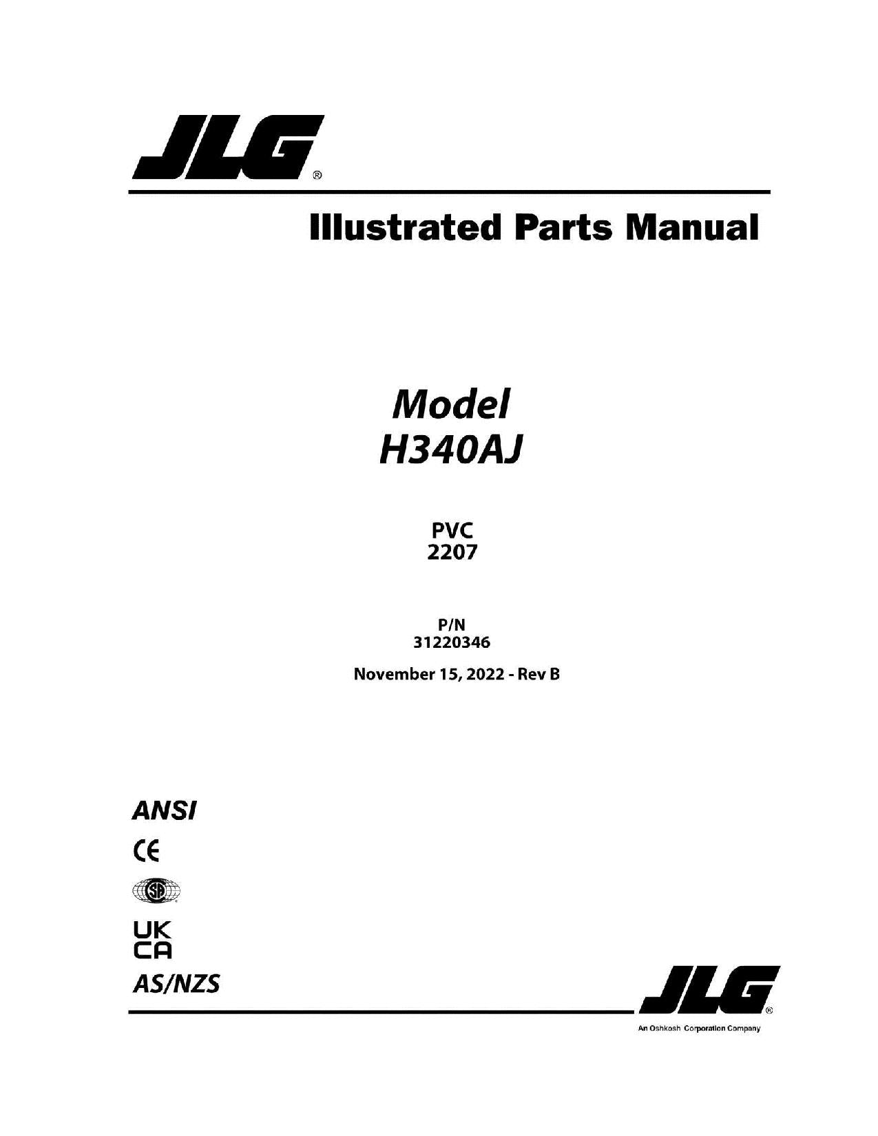 JLG H340AJ Boom Lift Parts Catalog Manual 31220346