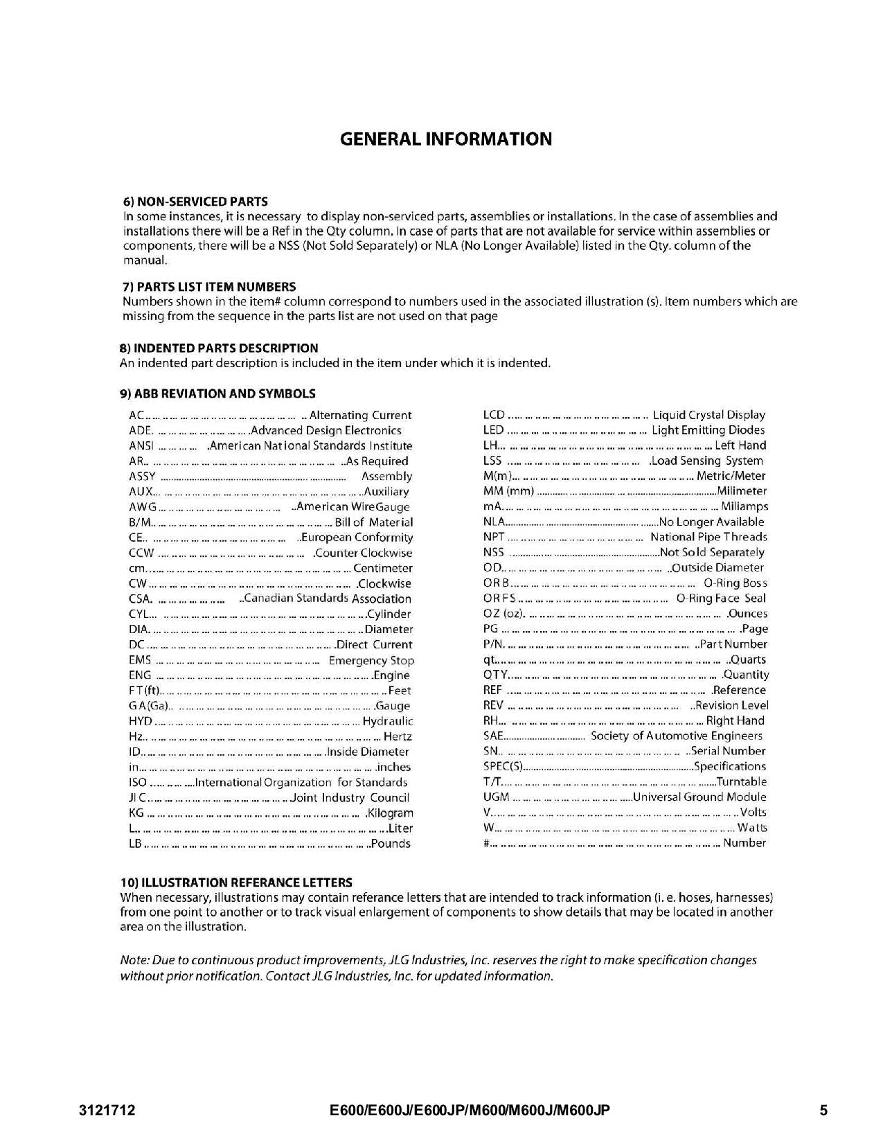 JLG E600 E600J E600JP M600 M600J M600JP Boom Lift Parts Catalog Manual 3121712