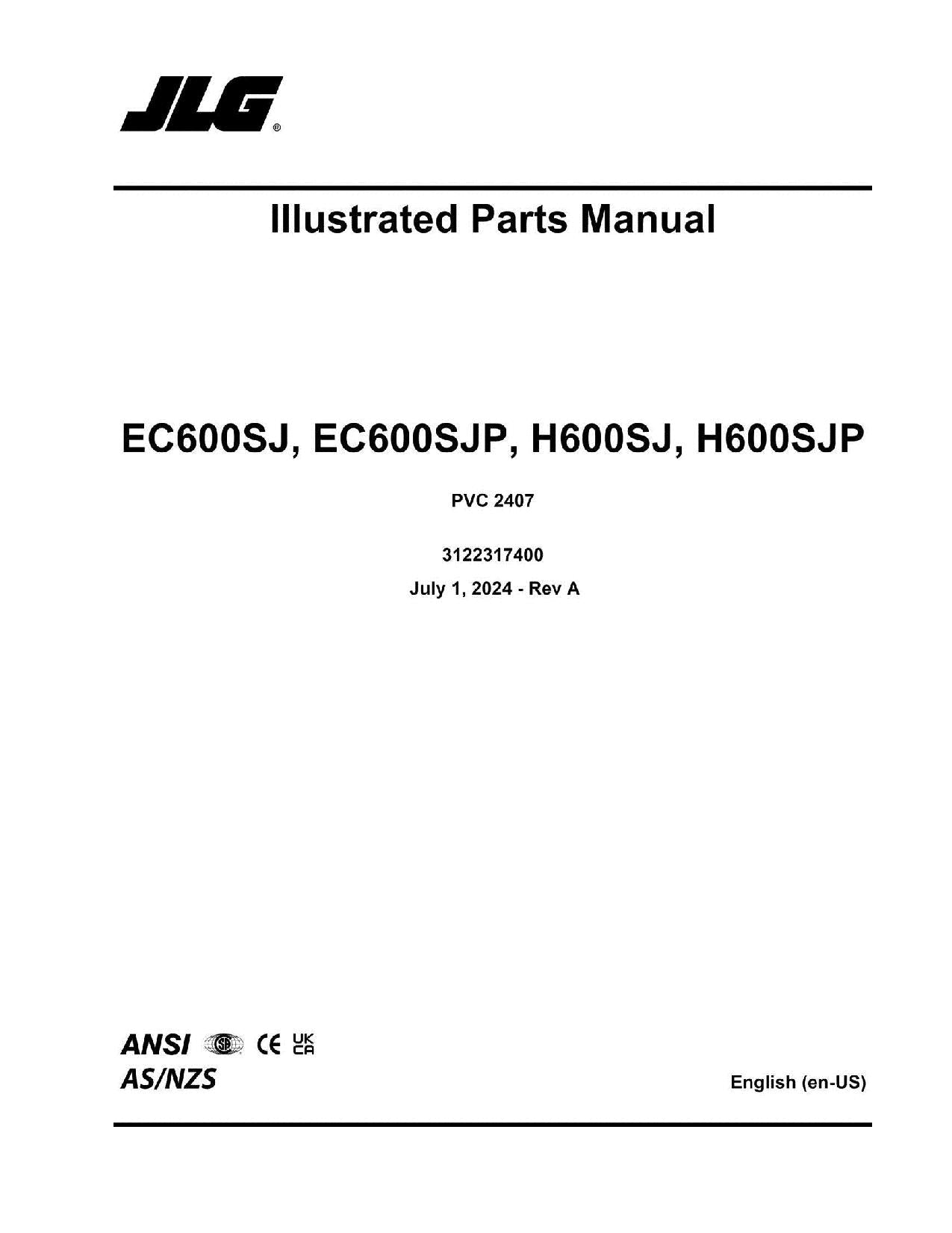 JLG EC600SJ EC600SJP H600SJ H600SJP Boom Lift Parts Catalog Manual