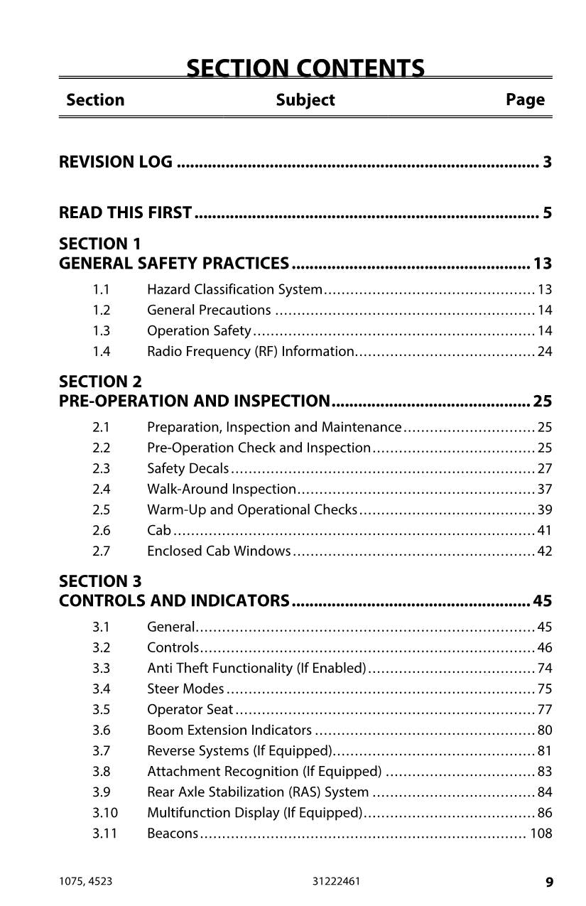 JLG 1075 4523 Telehandler Maintenance Operation Operators Manual 31222461