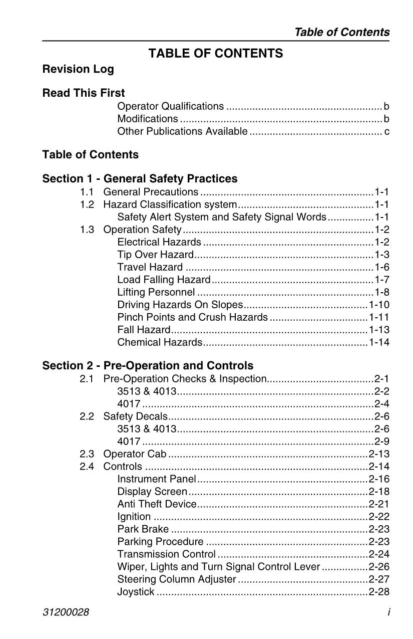 JLG 3513 4013 4017 Telehandler Maintenance Operation Operators Manual 31200028