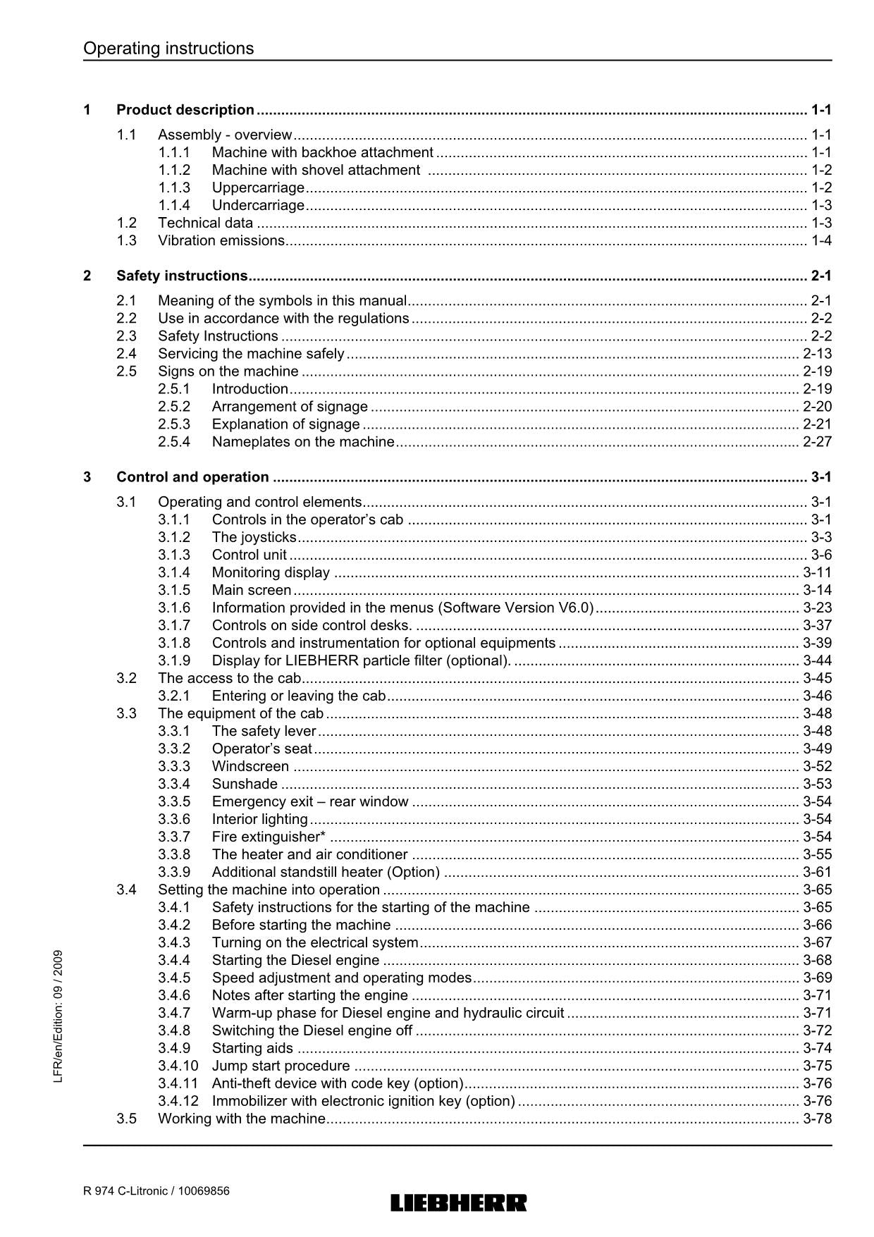 Liebherr R974 C-Litronic Excavator Operators manual serial 22515l