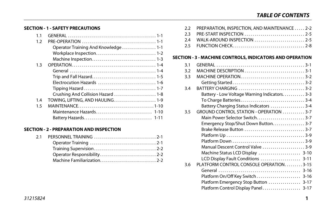 JLG 20MSP 20MVL Boom Lift Maintenance Operation Operators Manual