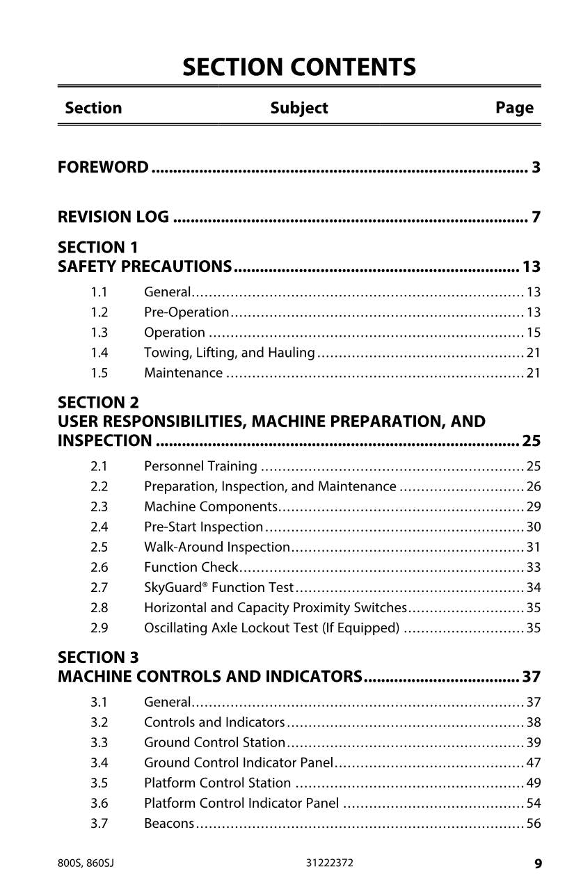 JLG 800S 860SJ Boom Lift Maintenance Operation Operators Manual 31222372