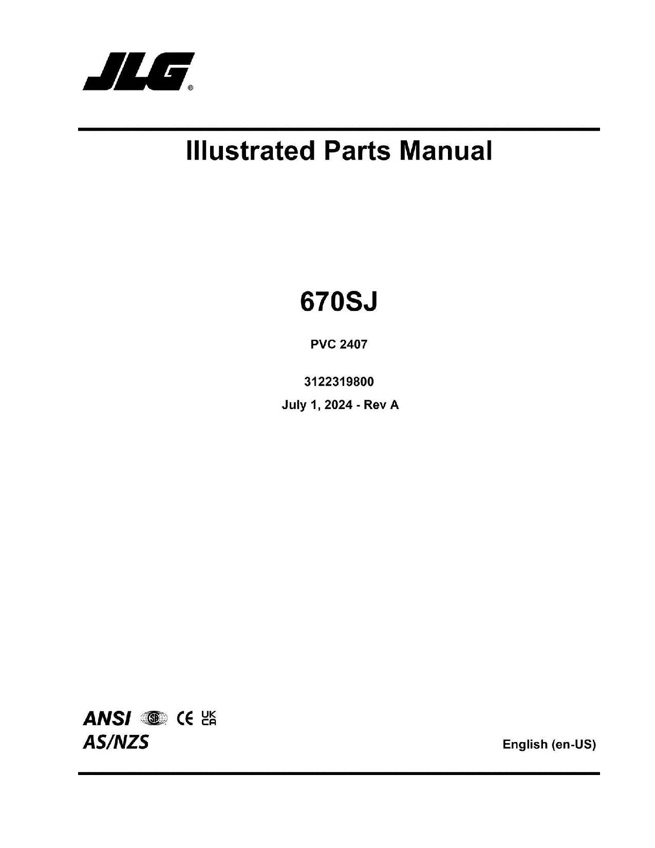 JLG 670SJ SL Boom Lift Parts Catalog Manual