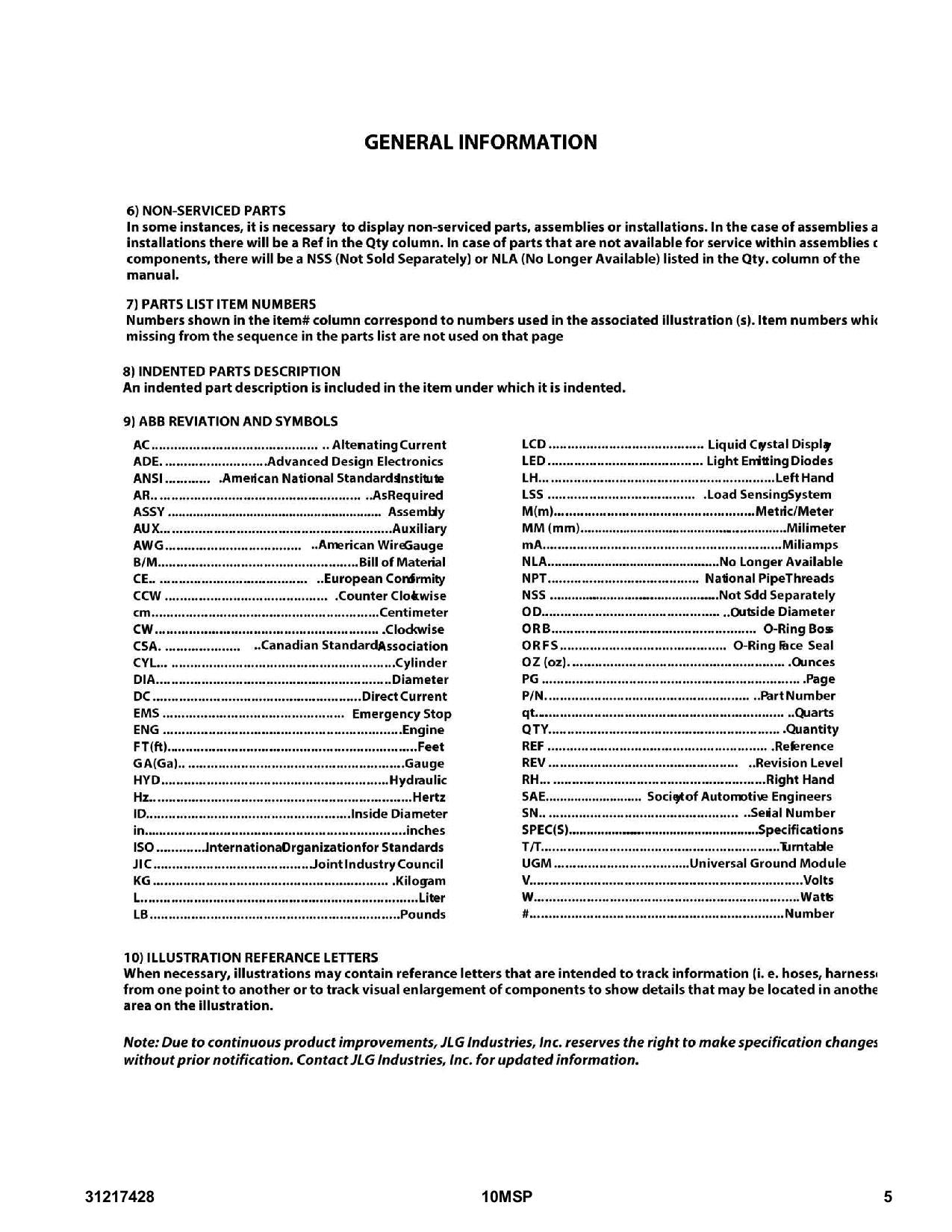 JLG 10MSP Vertical Mast Parts Catalog Manual 31217428