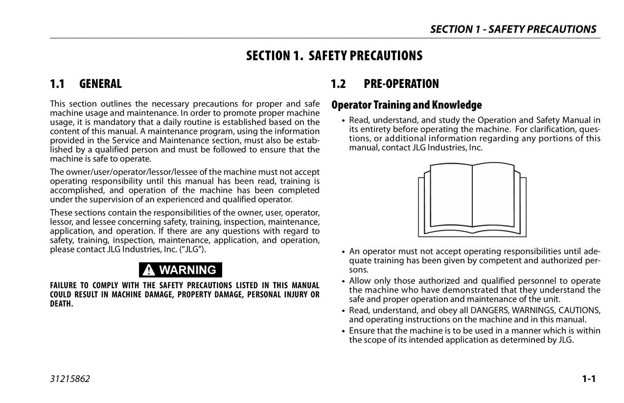 JLG 830P Vertical Mast Maintenance Operation Operators Manual 31215862