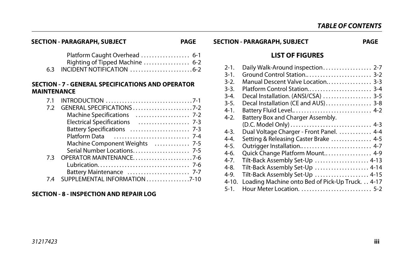 JLG 25AM 30AM 38AM Vertical Mast Maintenance Operation Operators Manual 31217423