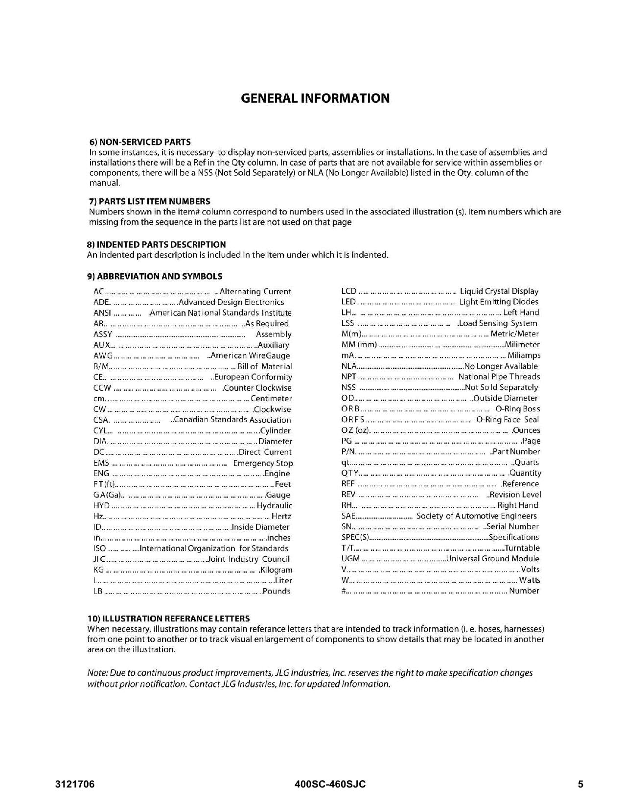 JLG 400SC 460SJC Boom Lift Parts Catalog Manual 0300000100-0300272447