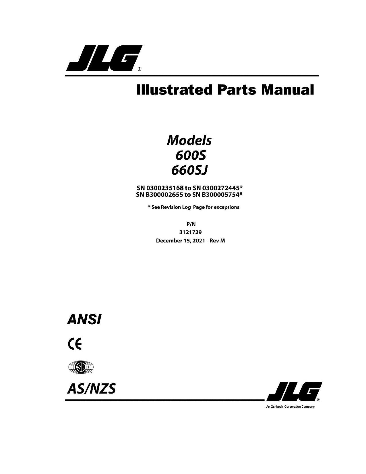 JLG 600S 660SJ Boom Lift Parts Catalog Manual 3121729