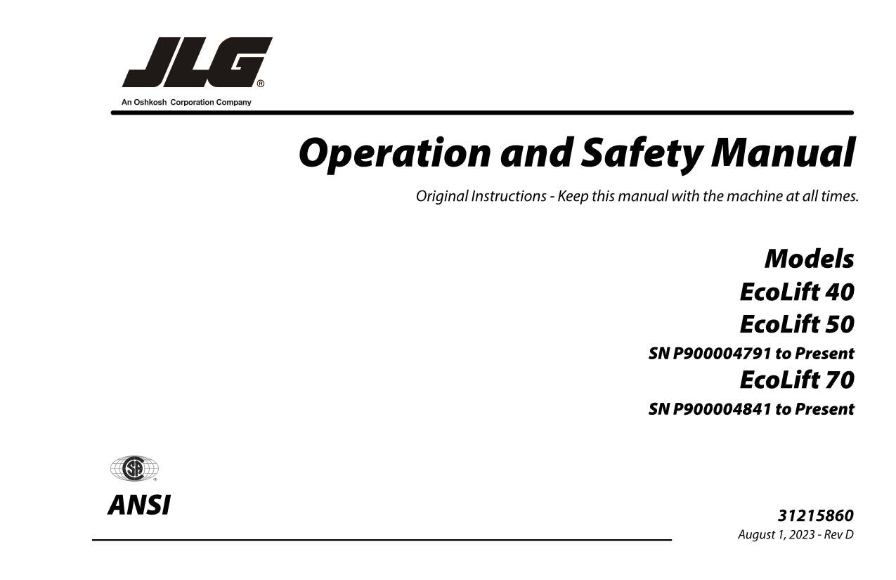 JLG Ecolift 40 Ecolift 50 Ecolift 70 Vertical Mast Operators Manual