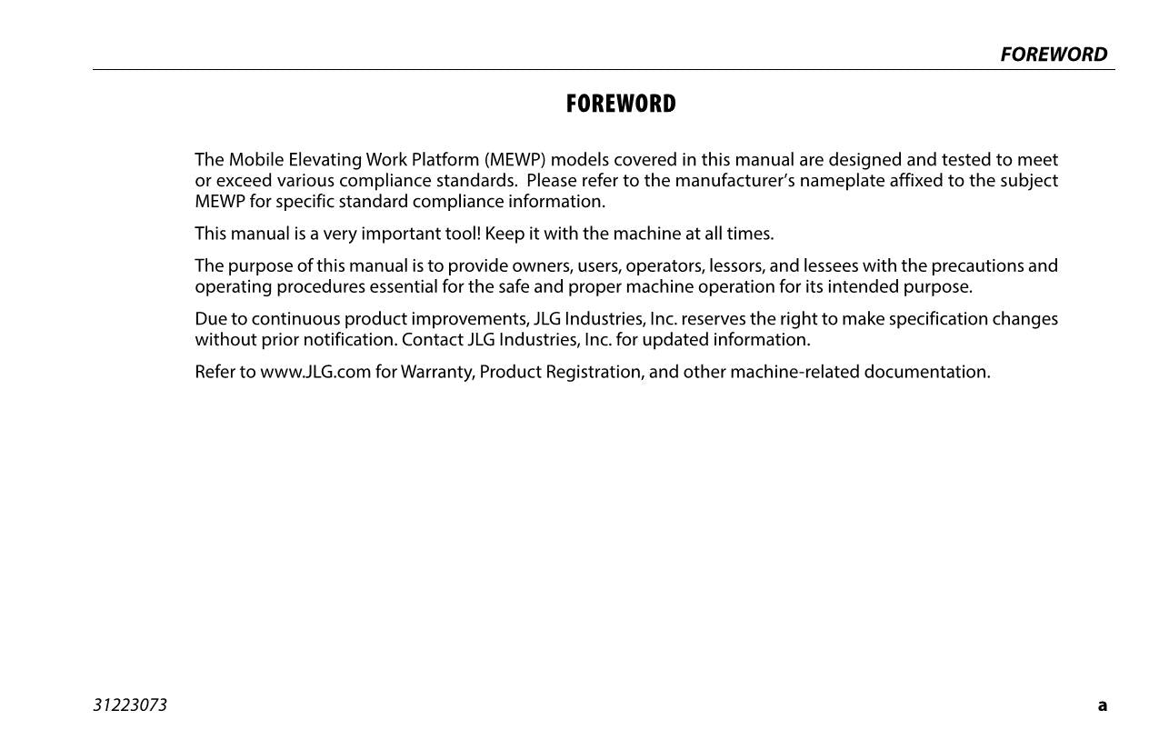 JLG 1230P Vertical Mast Maintenance Operation Operators Manual