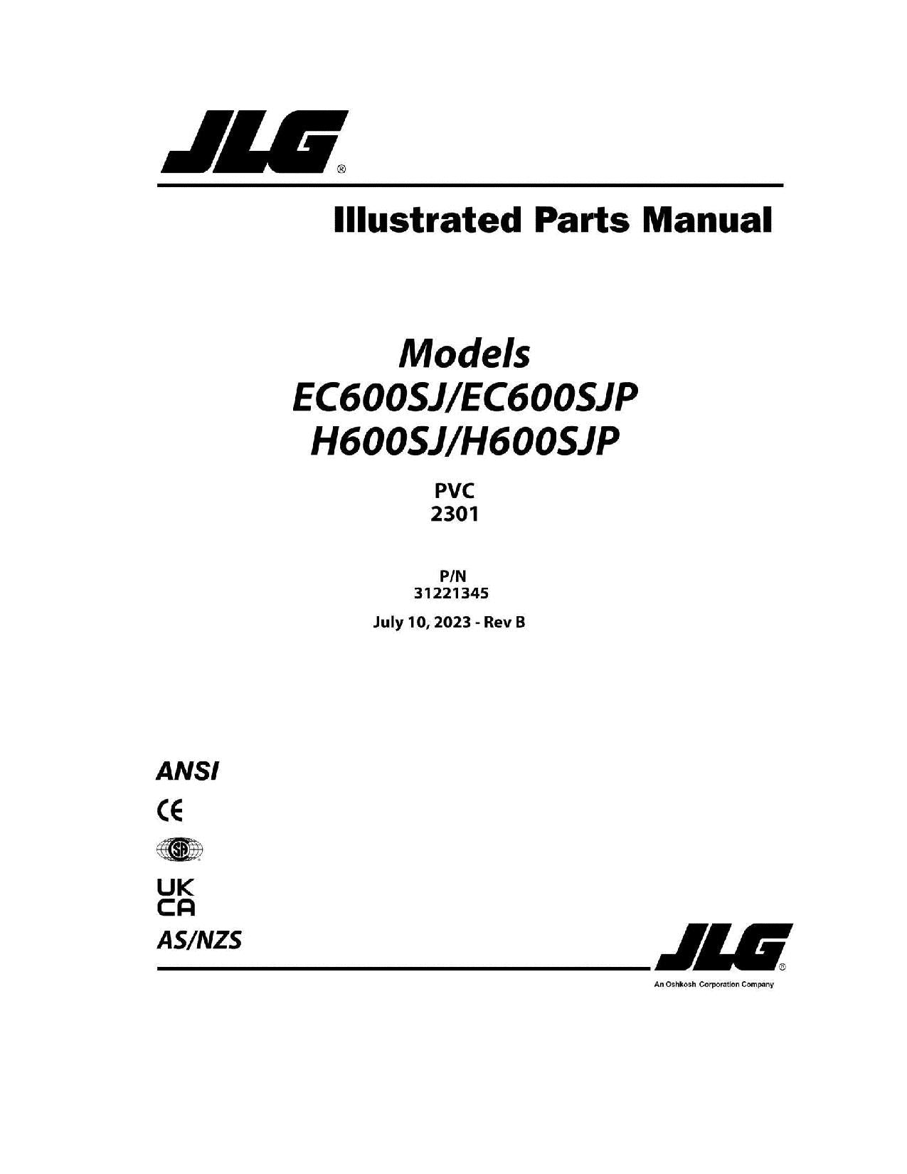 JLG EC600SJ EC600SJP H600SJ H600SJP Boom Lift Parts Catalog Manual 31221345