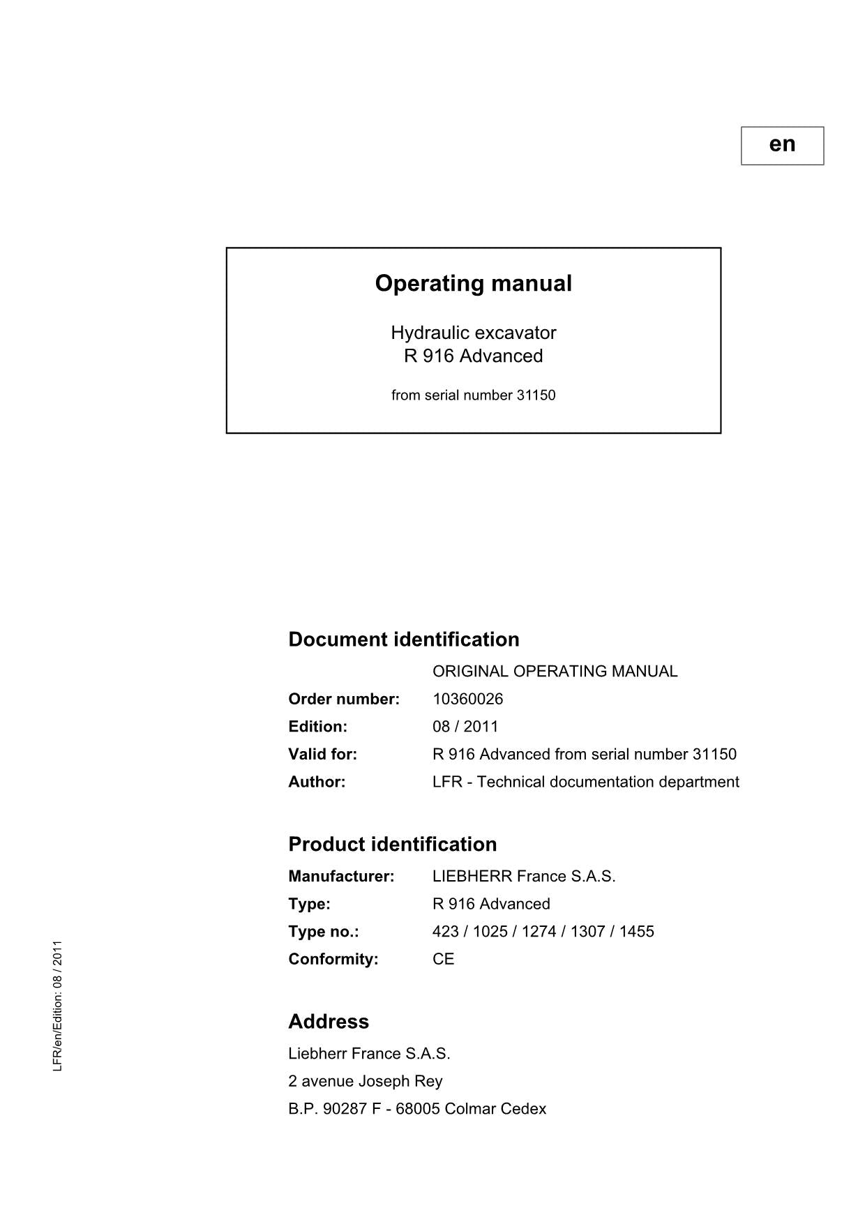 Liebherr R916 Advanced Excavator Operators manual serial 31150