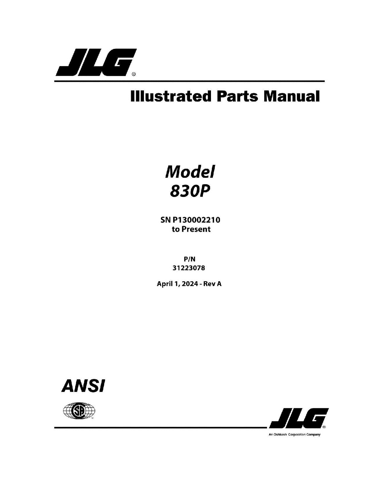 JLG 830P Vertical Mast Parts Catalog Manual