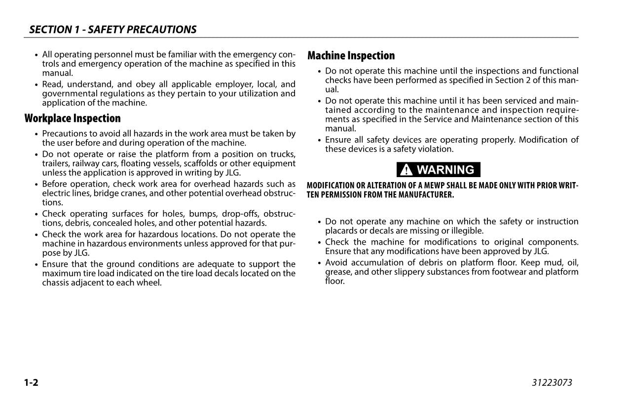 JLG 1230P Vertical Mast Maintenance Operation Operators Manual