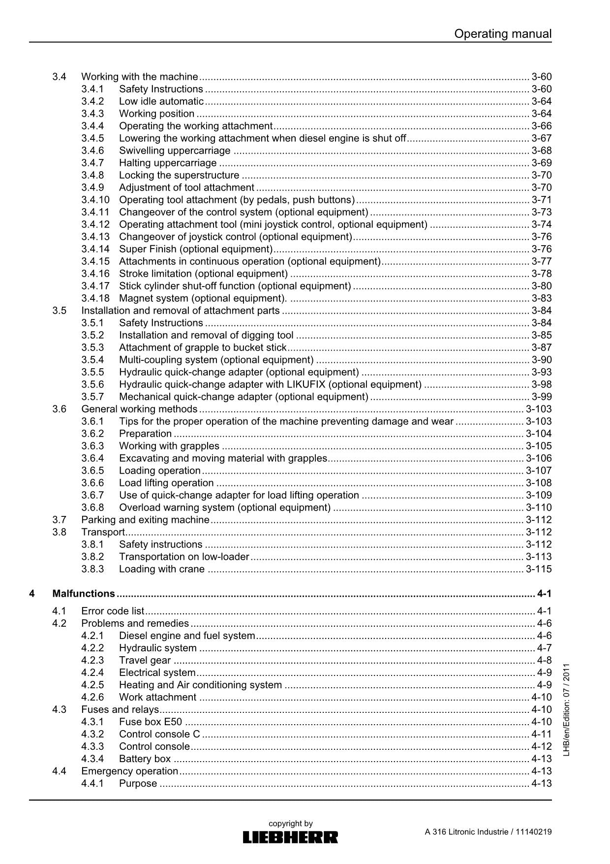 Liebherr A316 Litronic Industrie Excavator Operators manual