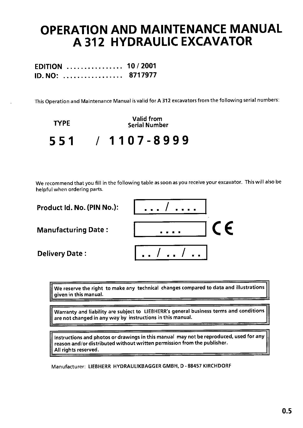 Liebherr A312 Excavator  Operators manual