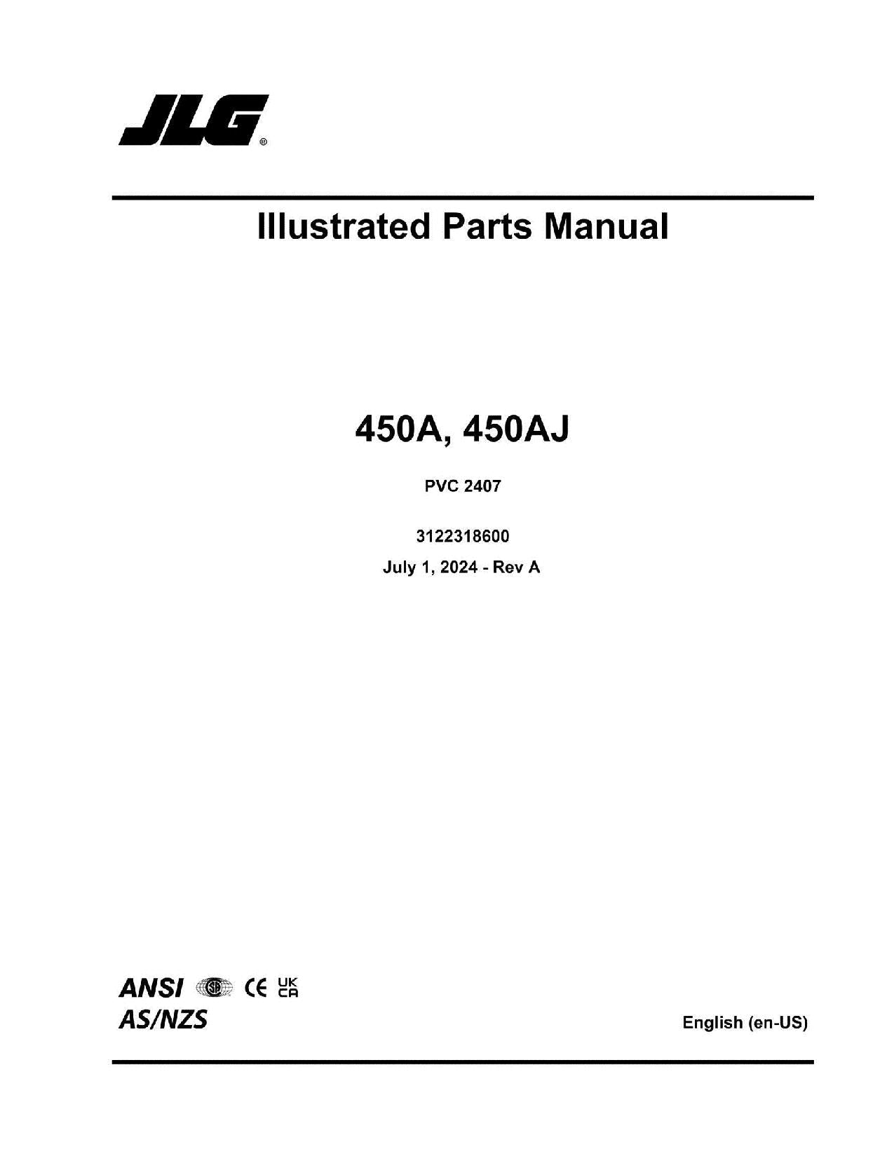 JLG 450A 450AJ Boom Lift Parts Catalog Hard Copy Manual