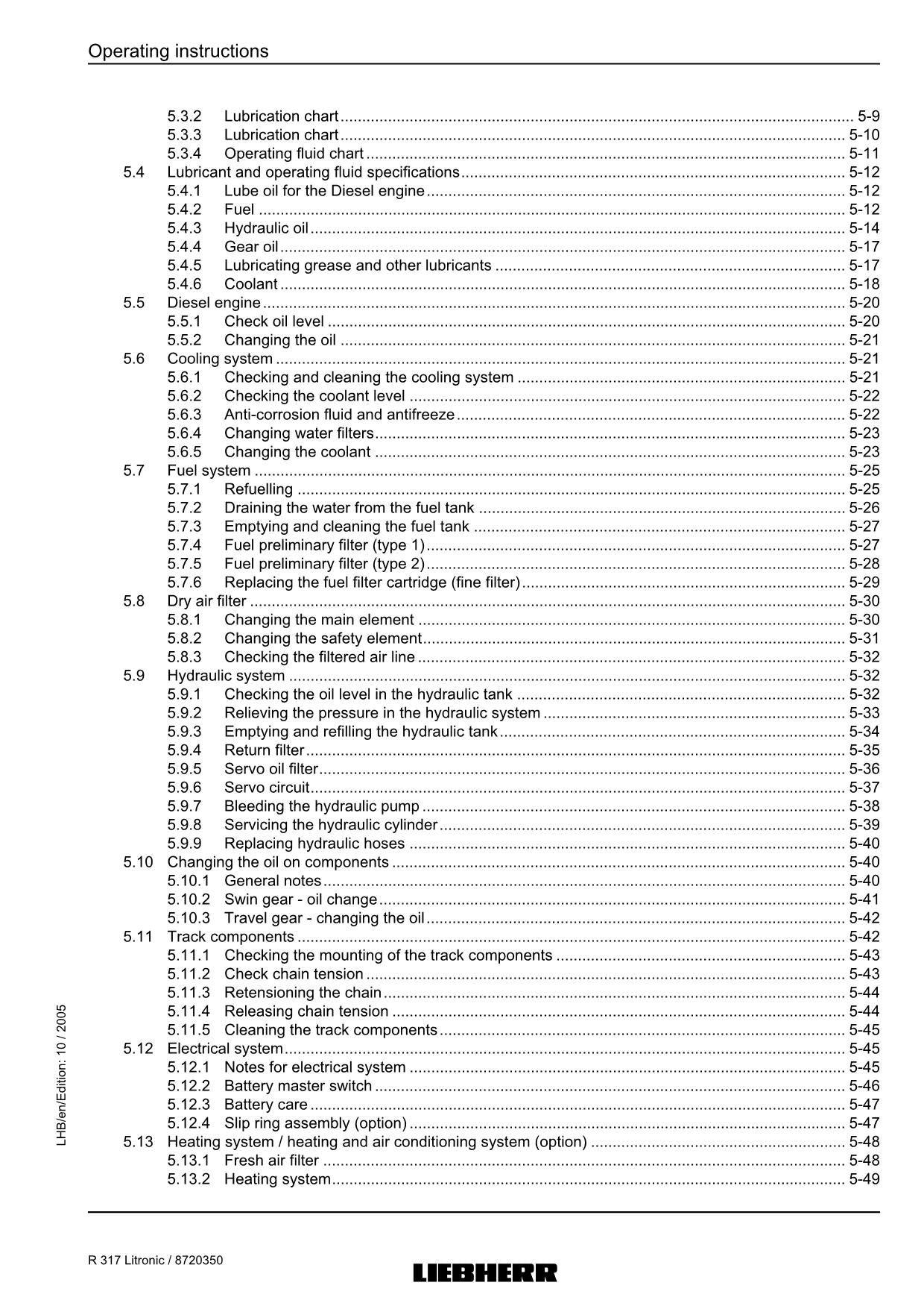 Liebherr R317 Litronic Excavator Operators manual serial 27000