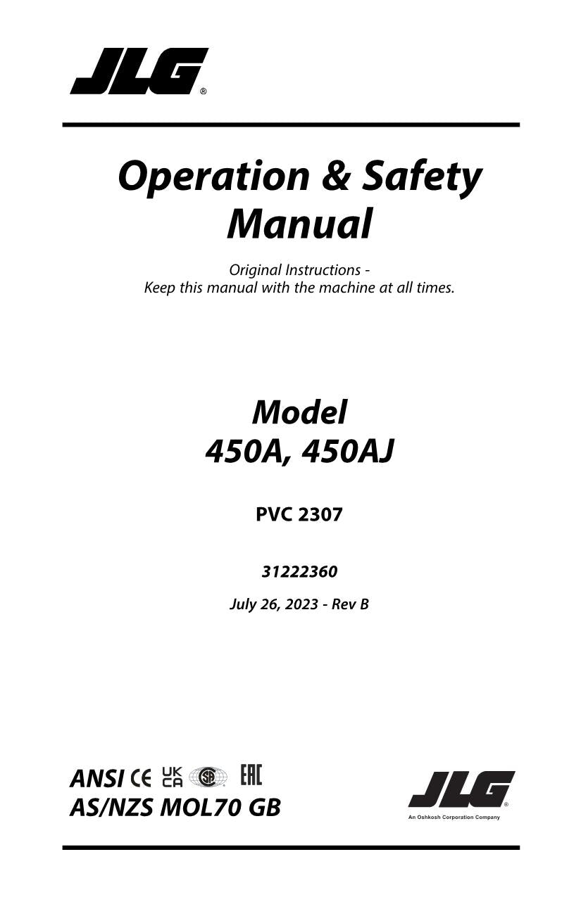 JLG 450A 450AJ Boom Lift Maintenance Operation Operators Manual 31222360